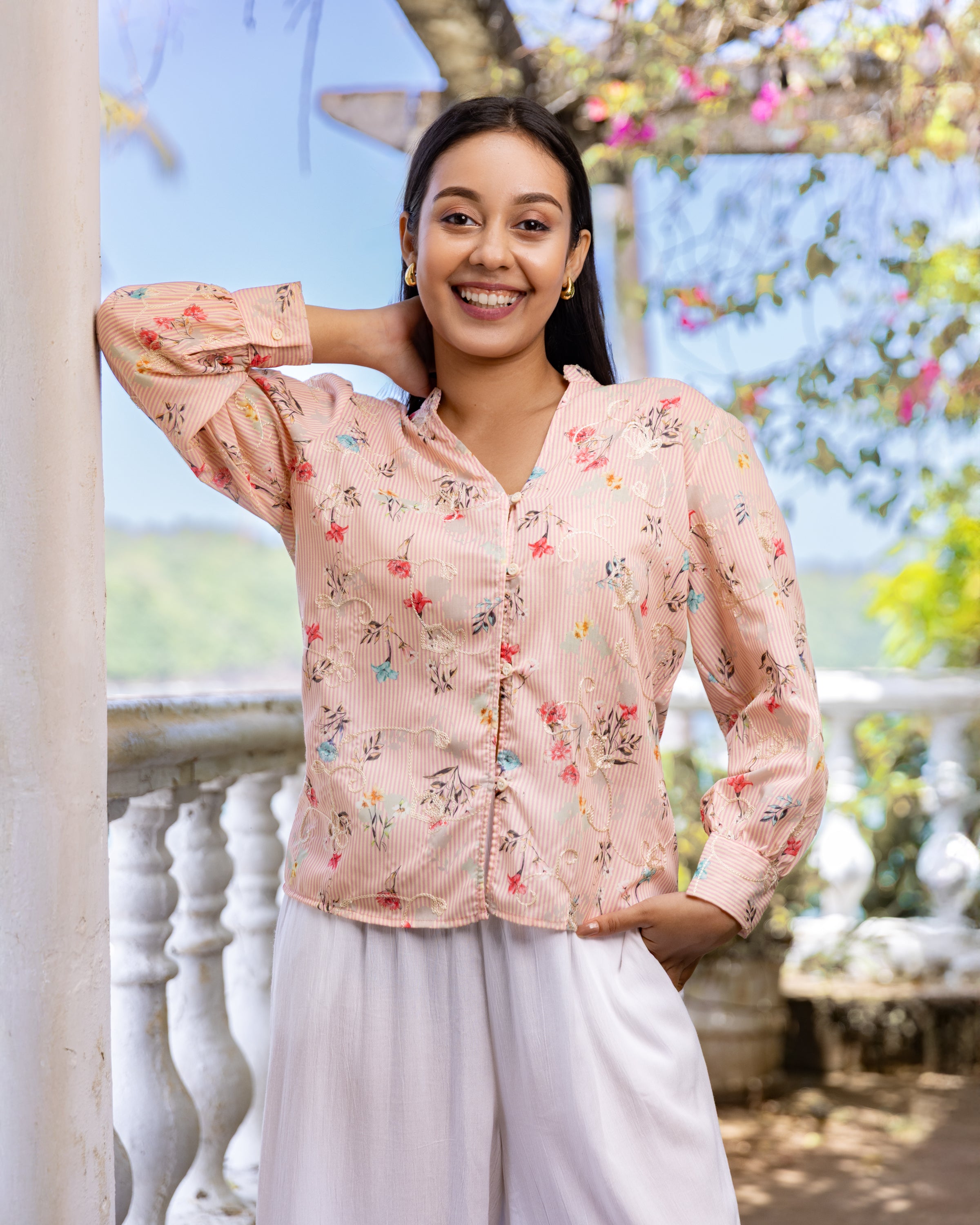 Louise Emboridered Striped Blouse -  Pink
