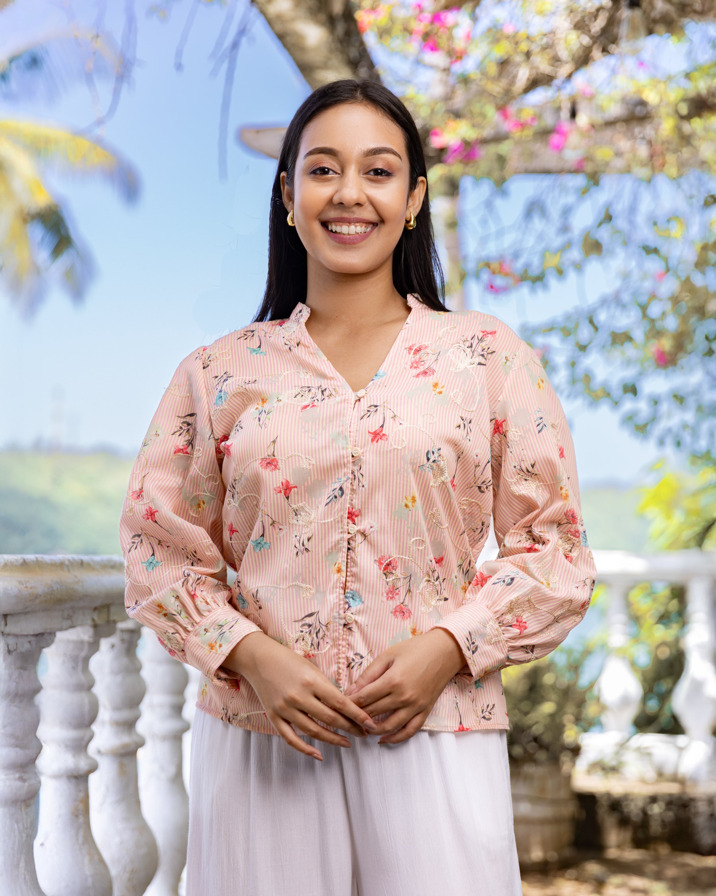 Louise Emboridered Striped Blouse -  Pink