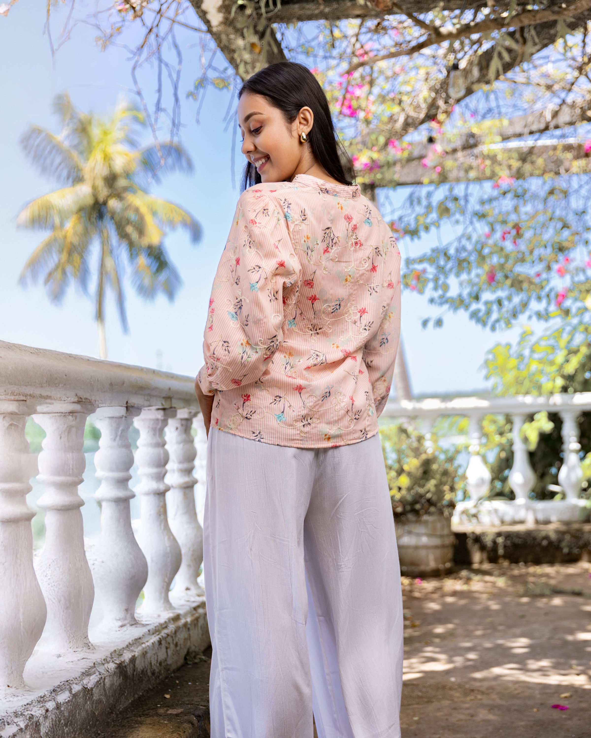 Louise Emboridered Striped Blouse -  Pink