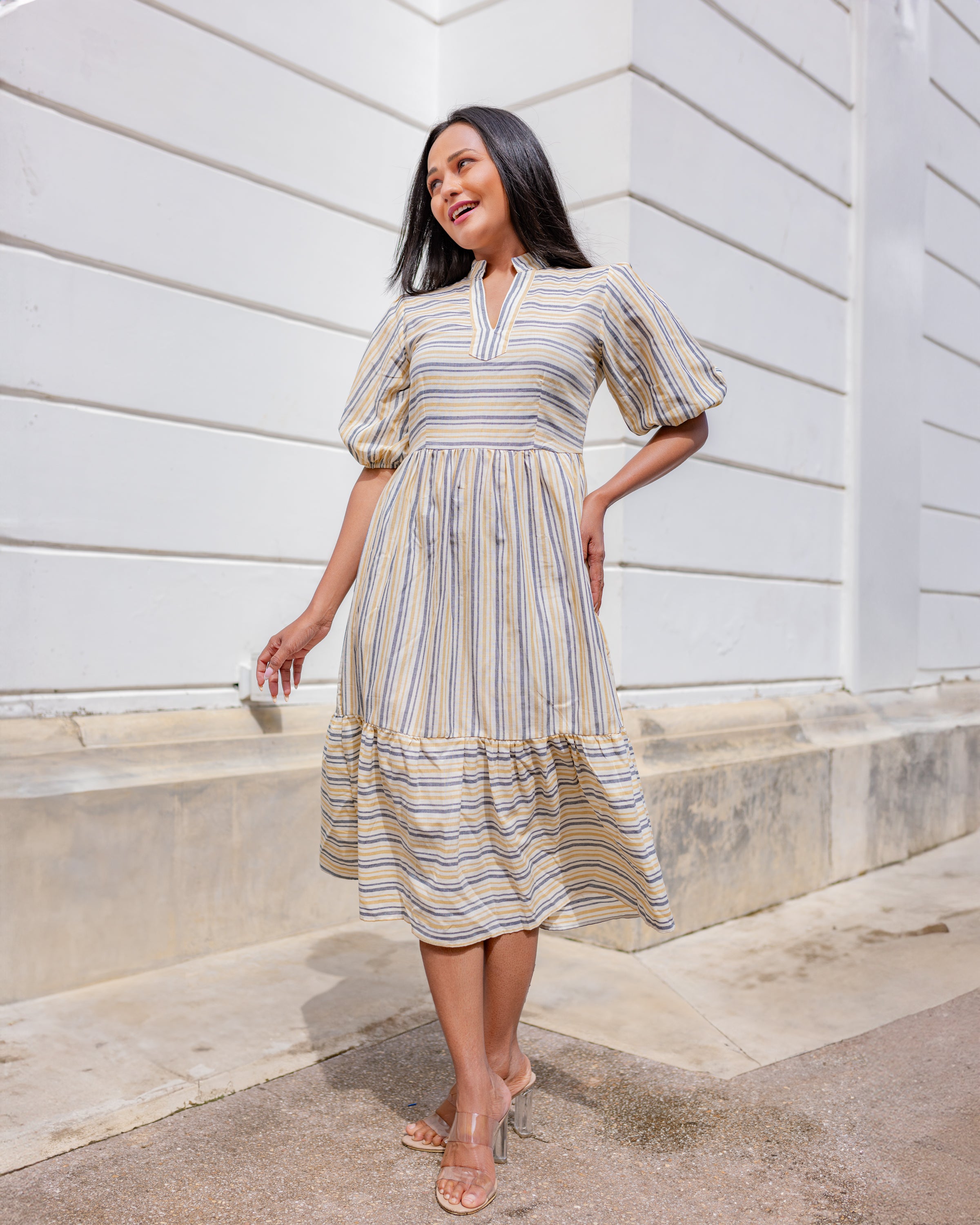 Isla Midi Dress -Beige Stripe Cotton Isla Midi Dress -Beige Stripe Cotton