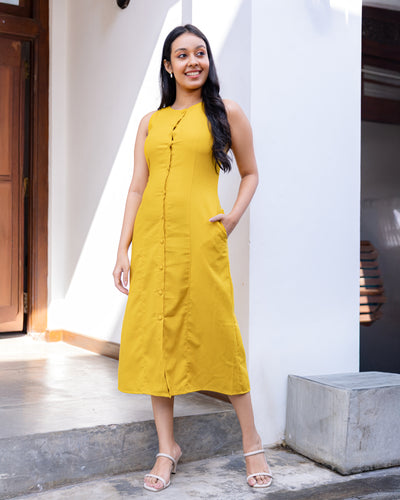 Aheli Linen Button down Dress - Yellow