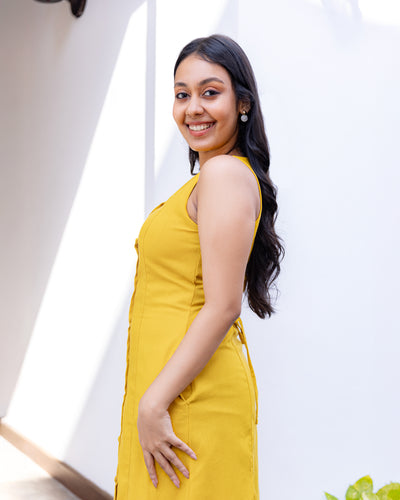 Aheli Linen Button down Dress - Yellow