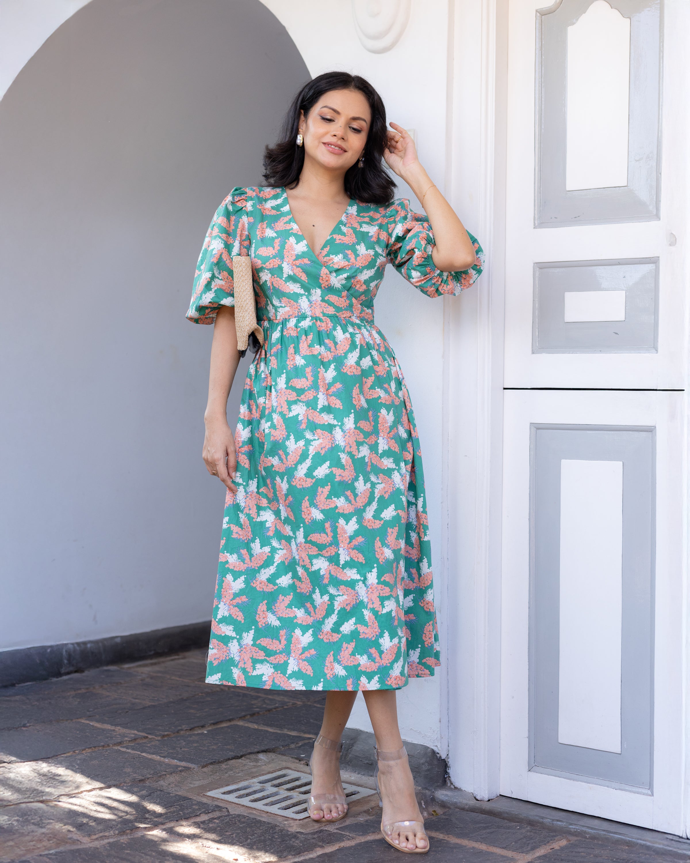 Diana Wraparound Midi Dress - Forest Green Printed Diana Wraparound Midi Dress - Forest Green Printed