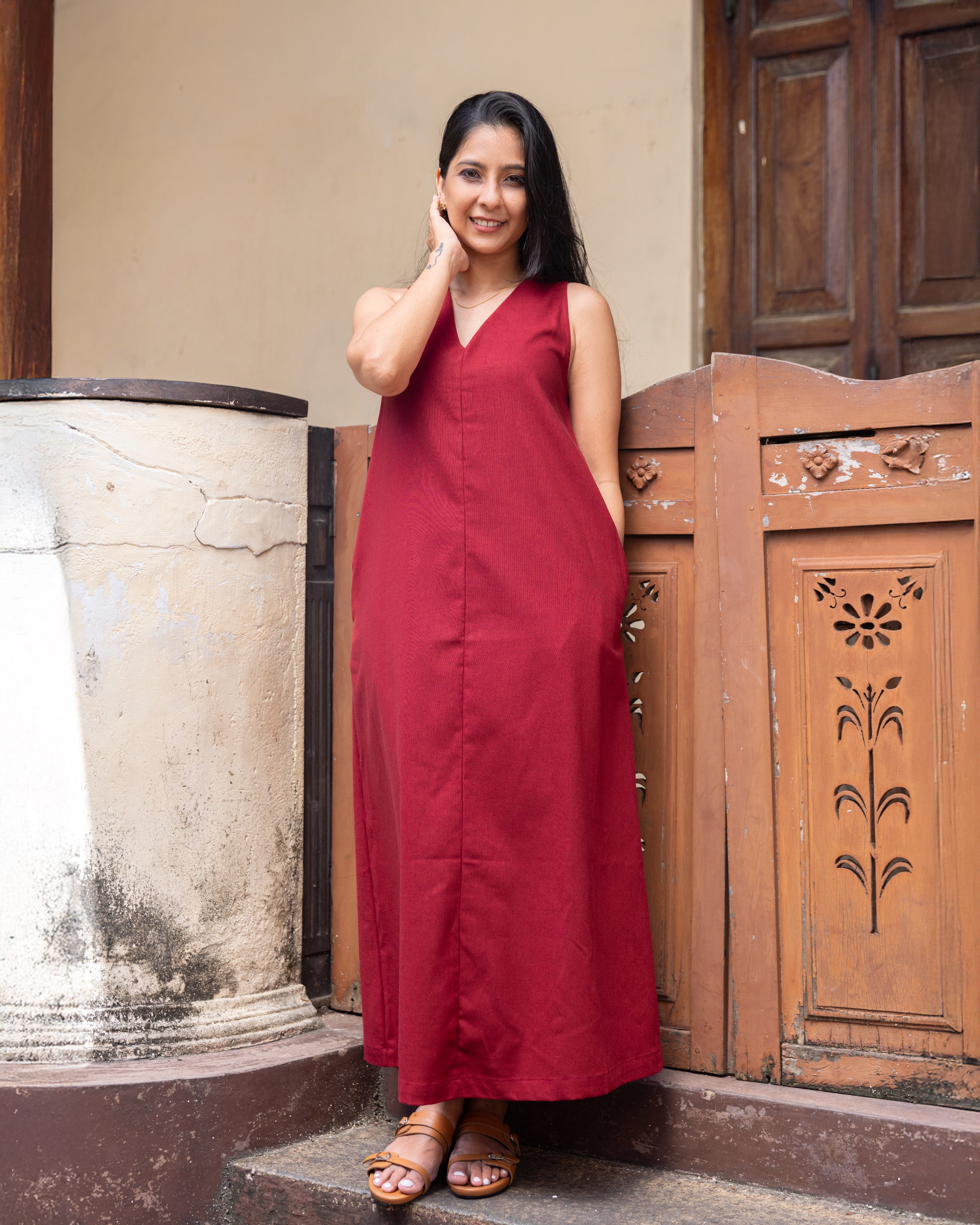 Cozy Breeze Linen Shift Maxi Dress - Red
