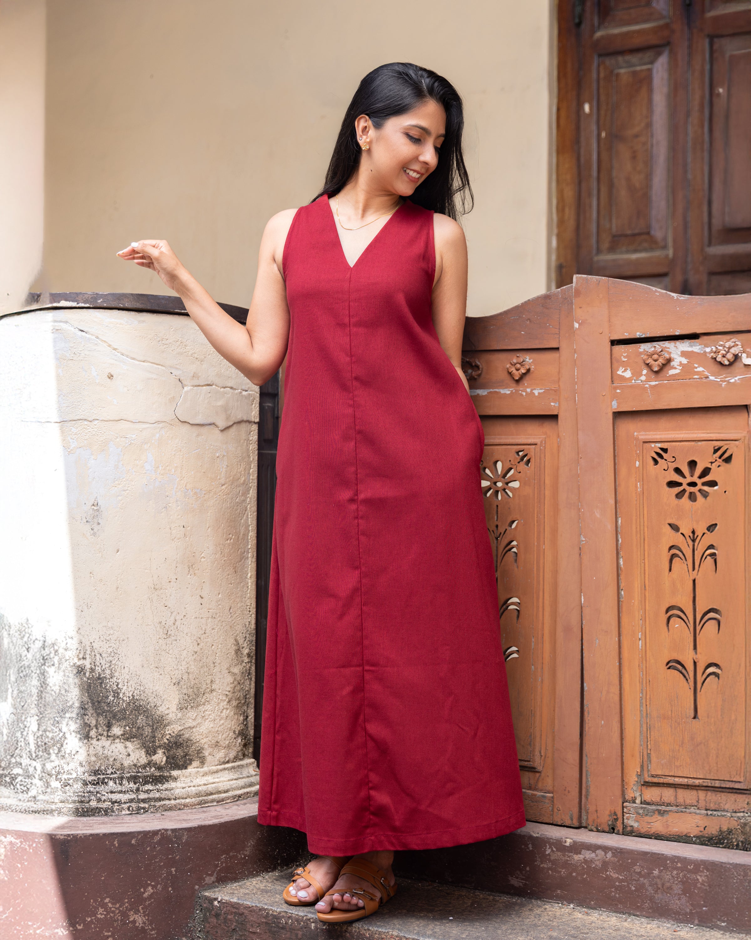 Cozy Breeze Linen Shift Maxi Dress - Red