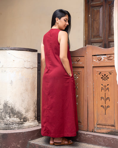 Cozy Breeze Linen Shift Maxi Dress - Red