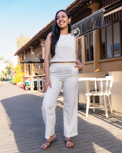 Vienna Linen Sleeveless Crop Top - Ivory