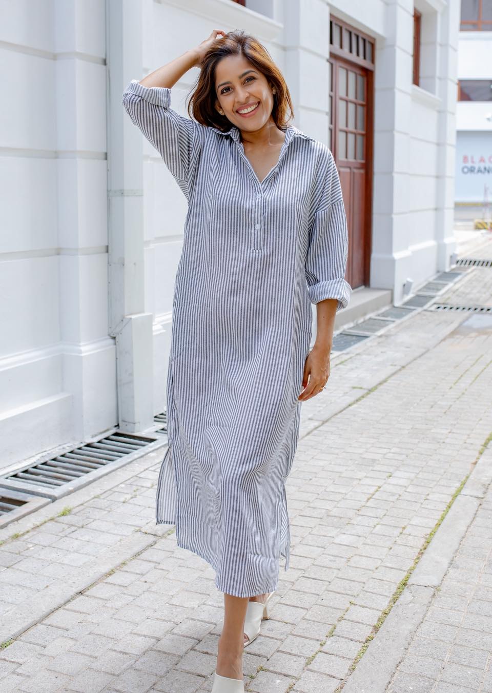 Nora Midi Dress - Grey White Stripes