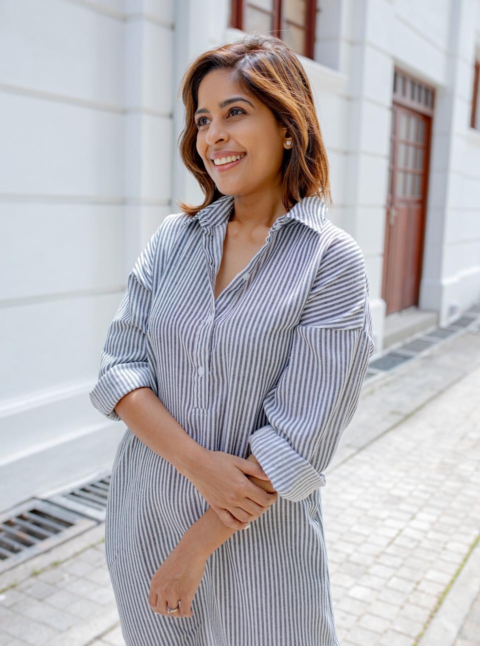 Nora Midi Dress - Grey White Stripes