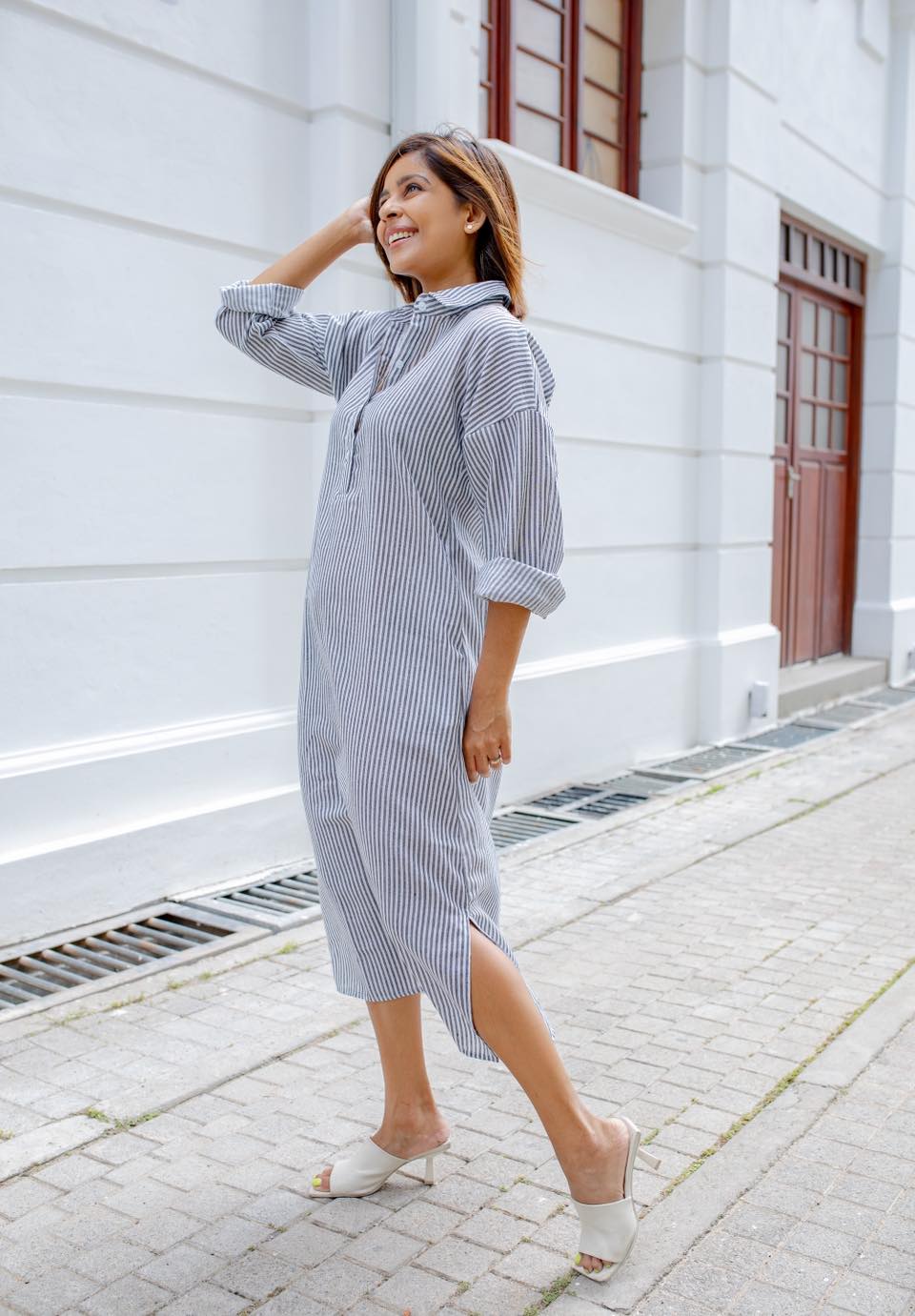 Nora Midi Dress - Grey White Stripes