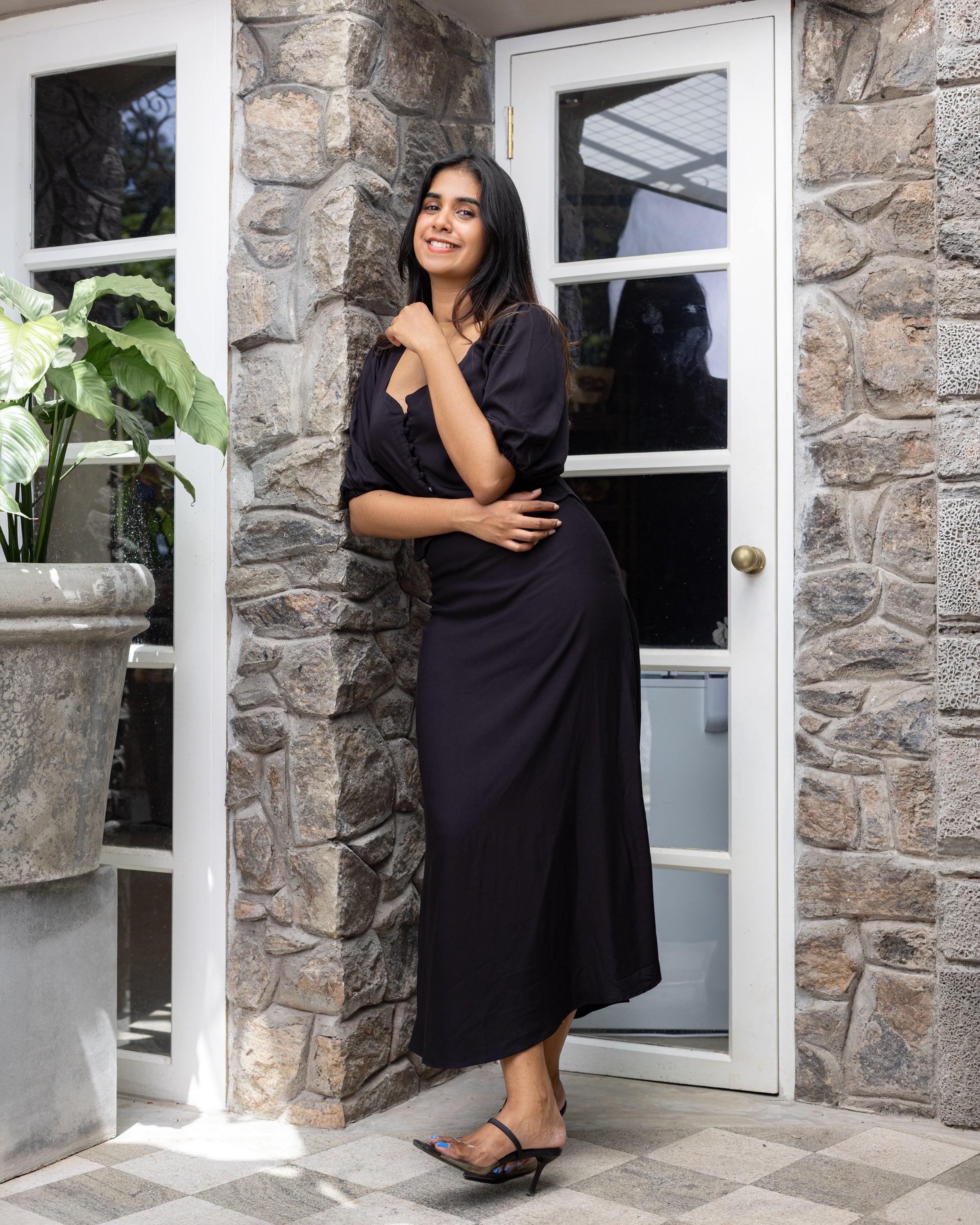 Lina satin bias skirt -  Black