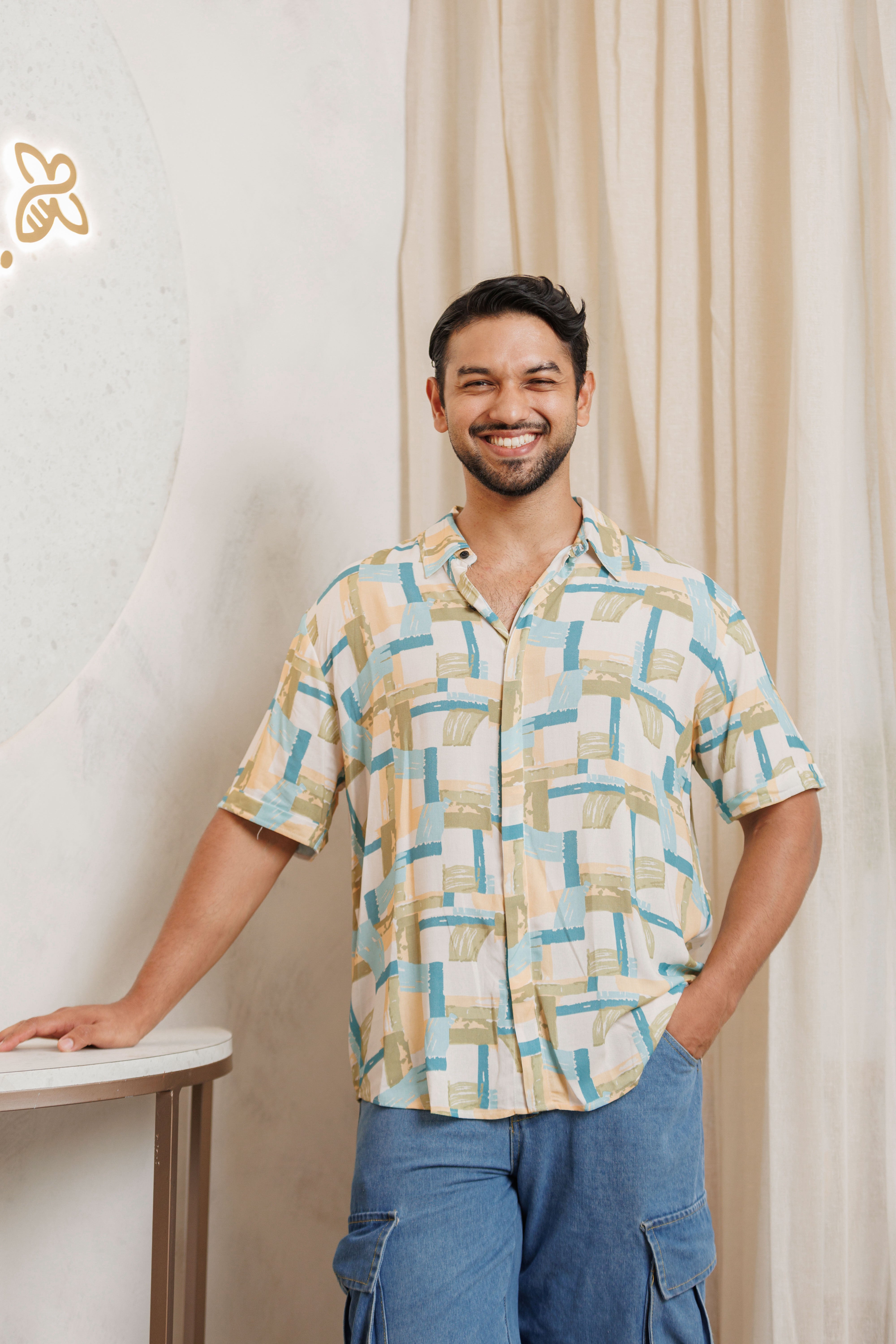 Jordy Abstract Printed Cotton Resort Unisex Shirt - Mint Blue Mixed Print