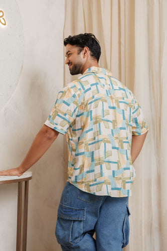 Jordy Abstract Printed Cotton Resort Unisex Shirt - Mint Blue Mixed Print