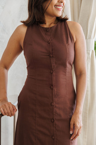 Aheli Linen Button down Dress - Coco Brown