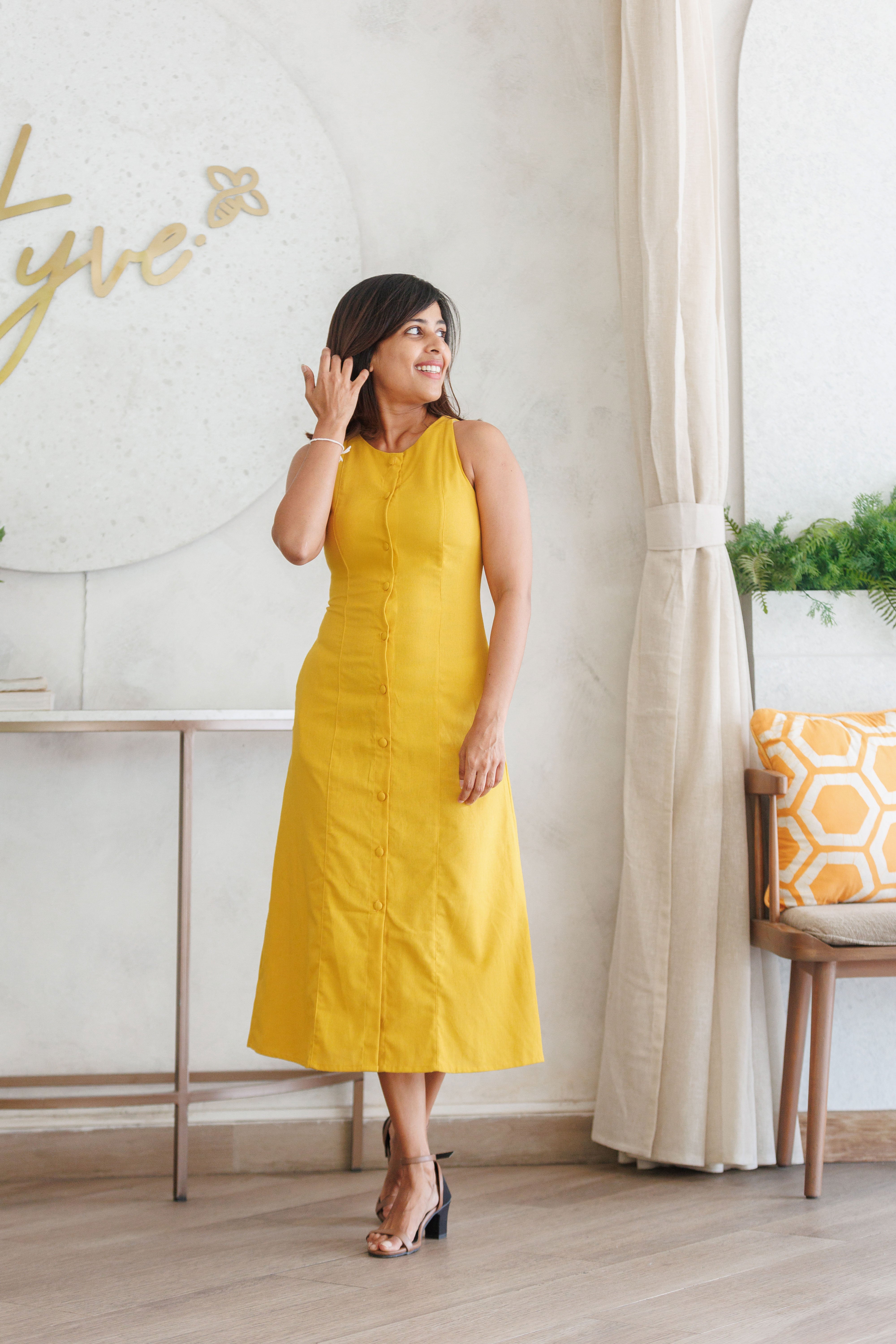Aheli Linen Button down Dress - Yellow