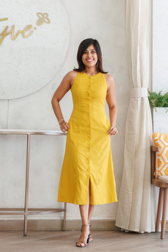 Aheli Linen Button down Dress - Yellow