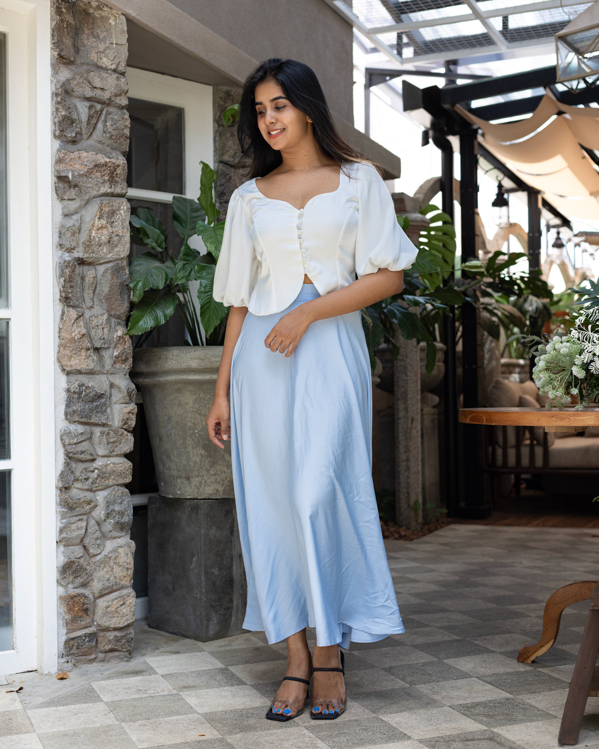 Lina puff sleeve satin Top -  White