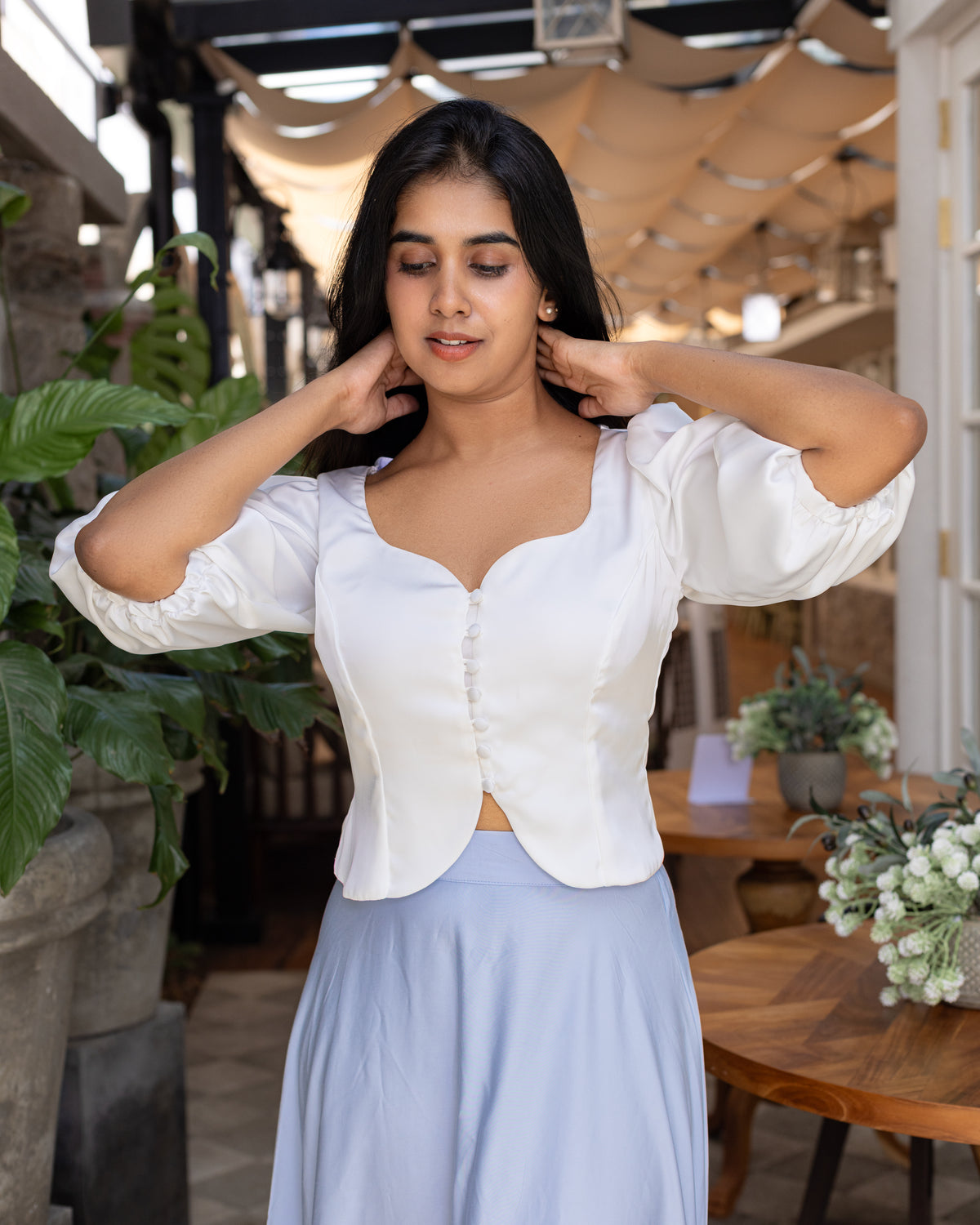 Lina puff sleeve satin Top -  White