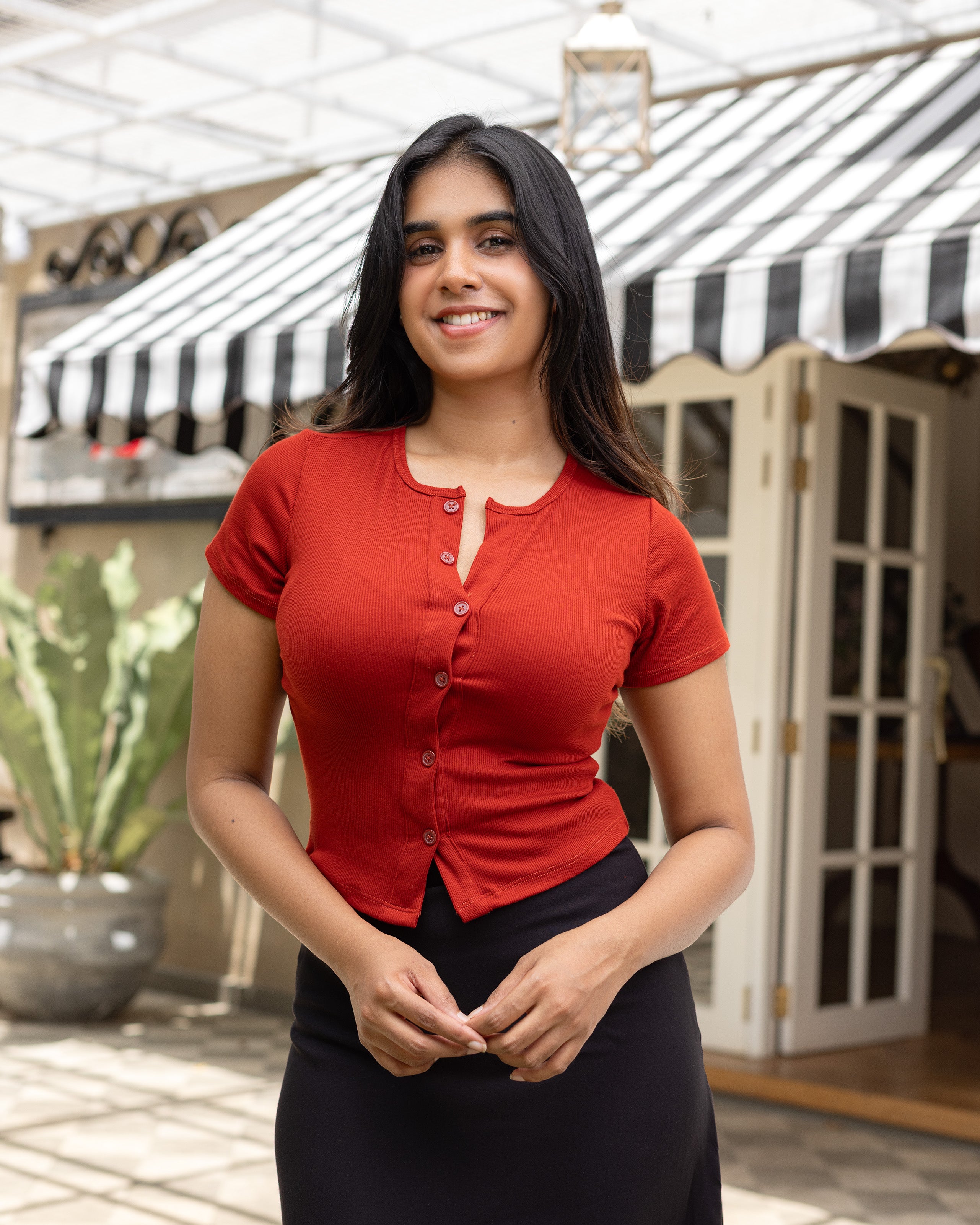 Nina Button Down Ribbed Top - Red