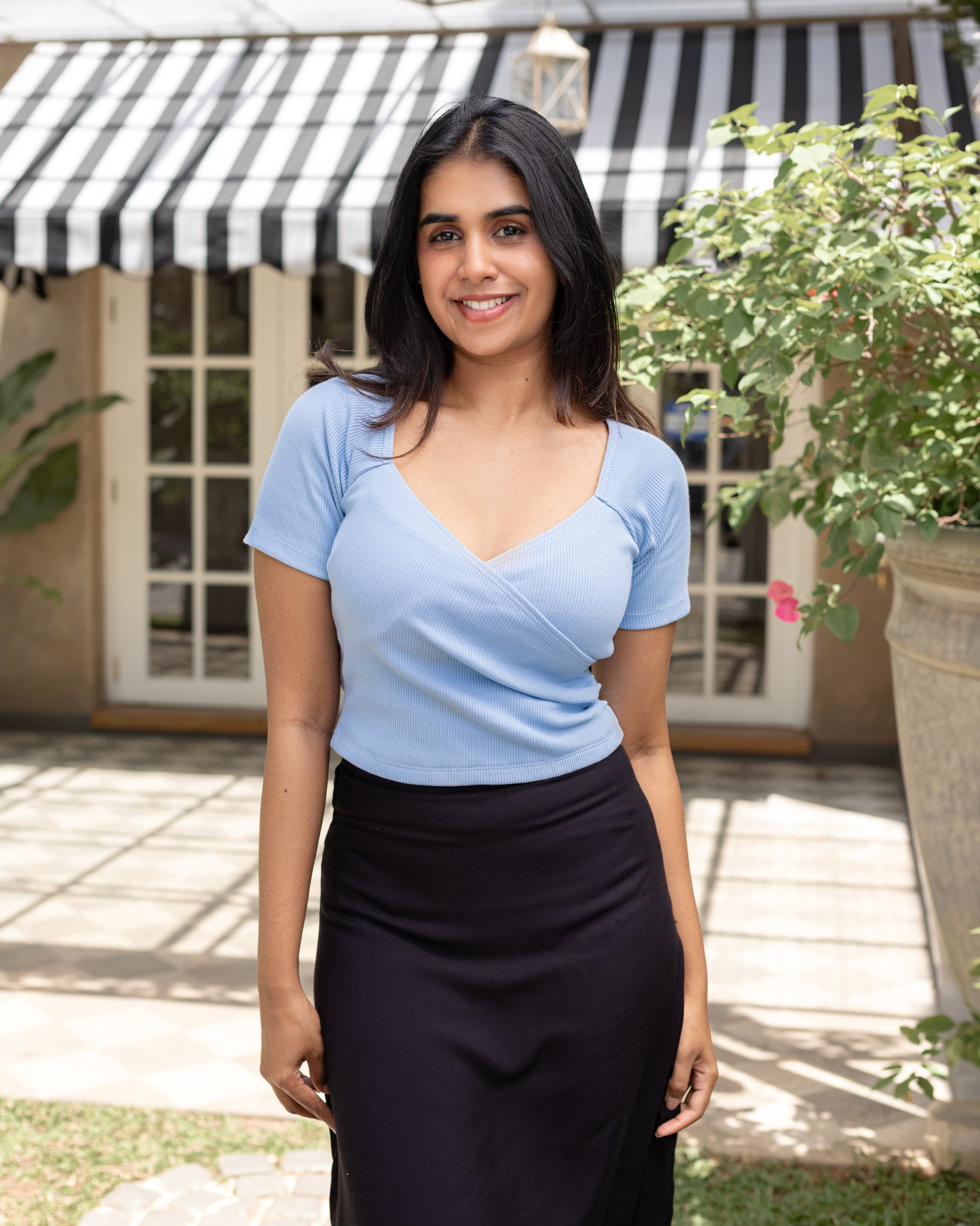 Yeli Crossover Ribbed Top - Light Blue