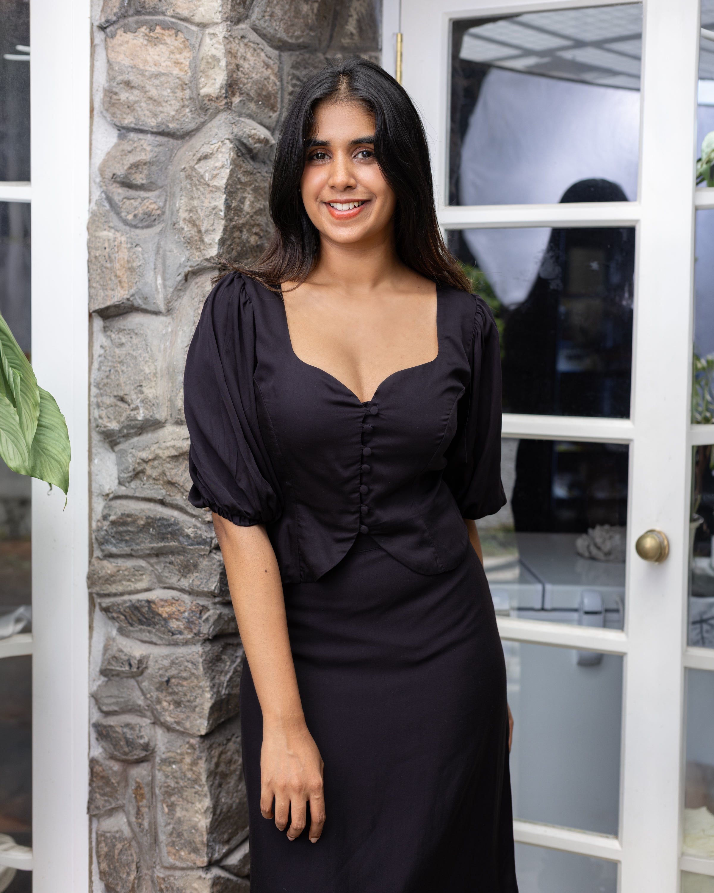 Lina puff sleeve satin Top -  Black
