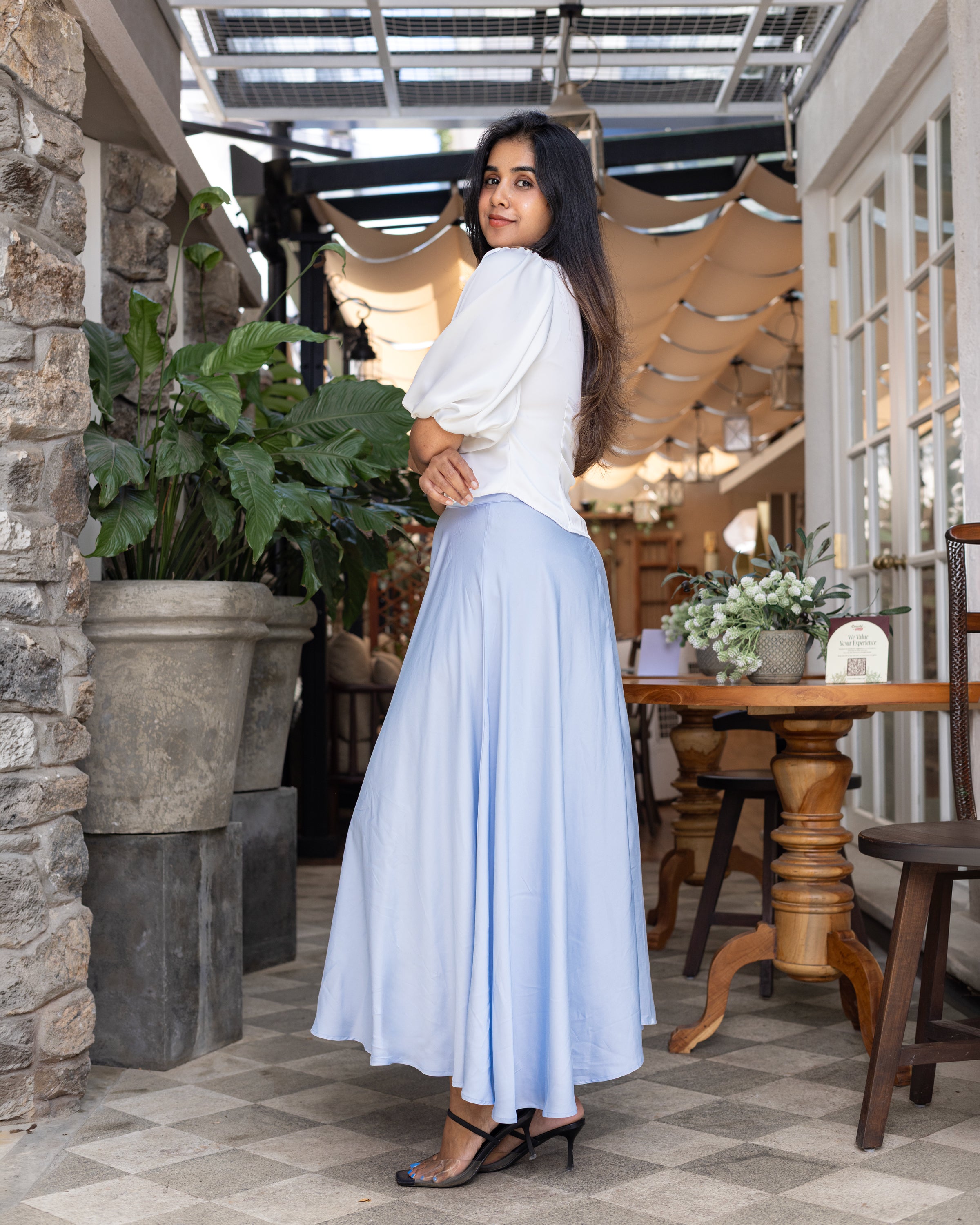 Elenor Maxi Satin Skirt - Light Blue