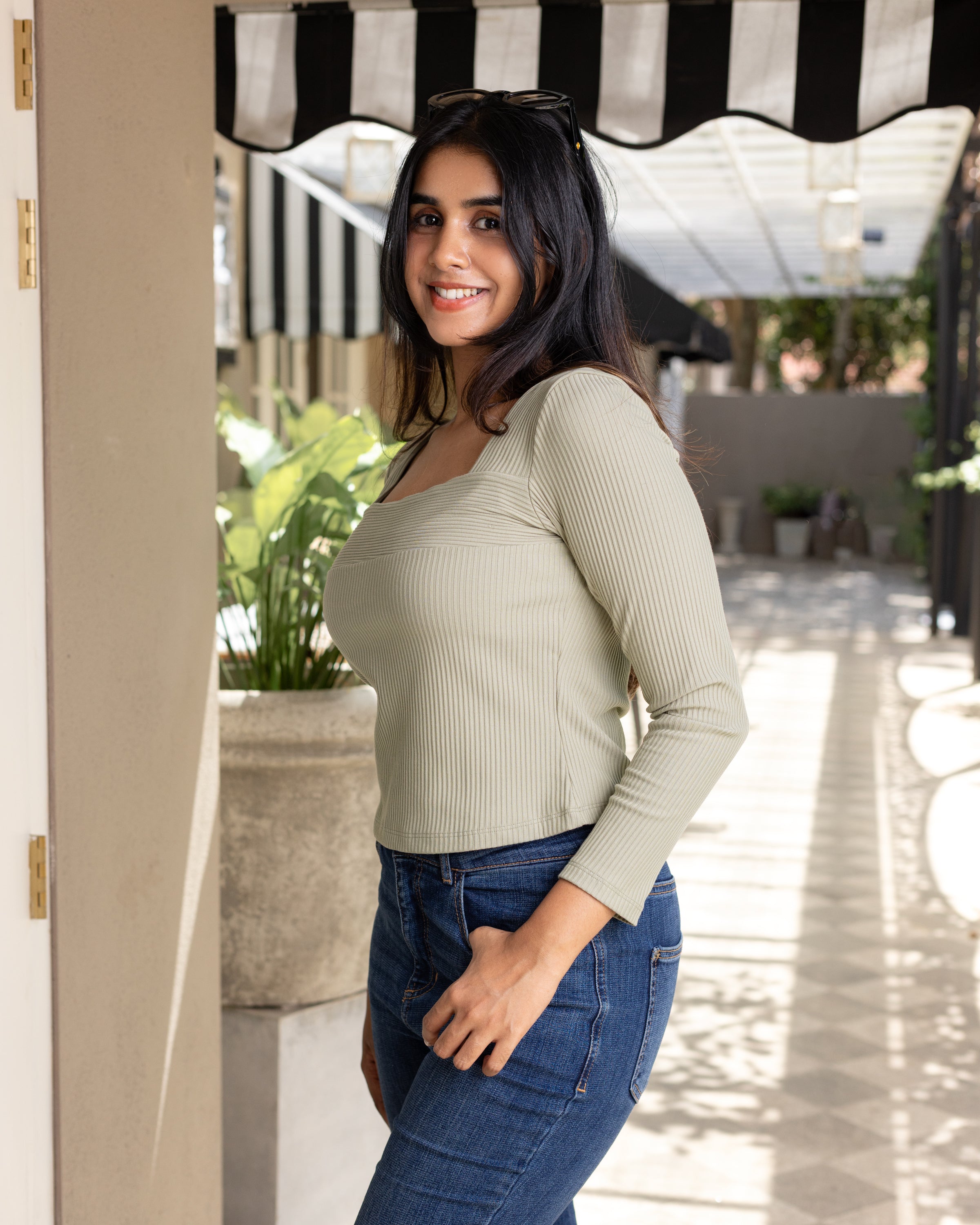 Viana Sleeved Ribbed Top - Sage Green