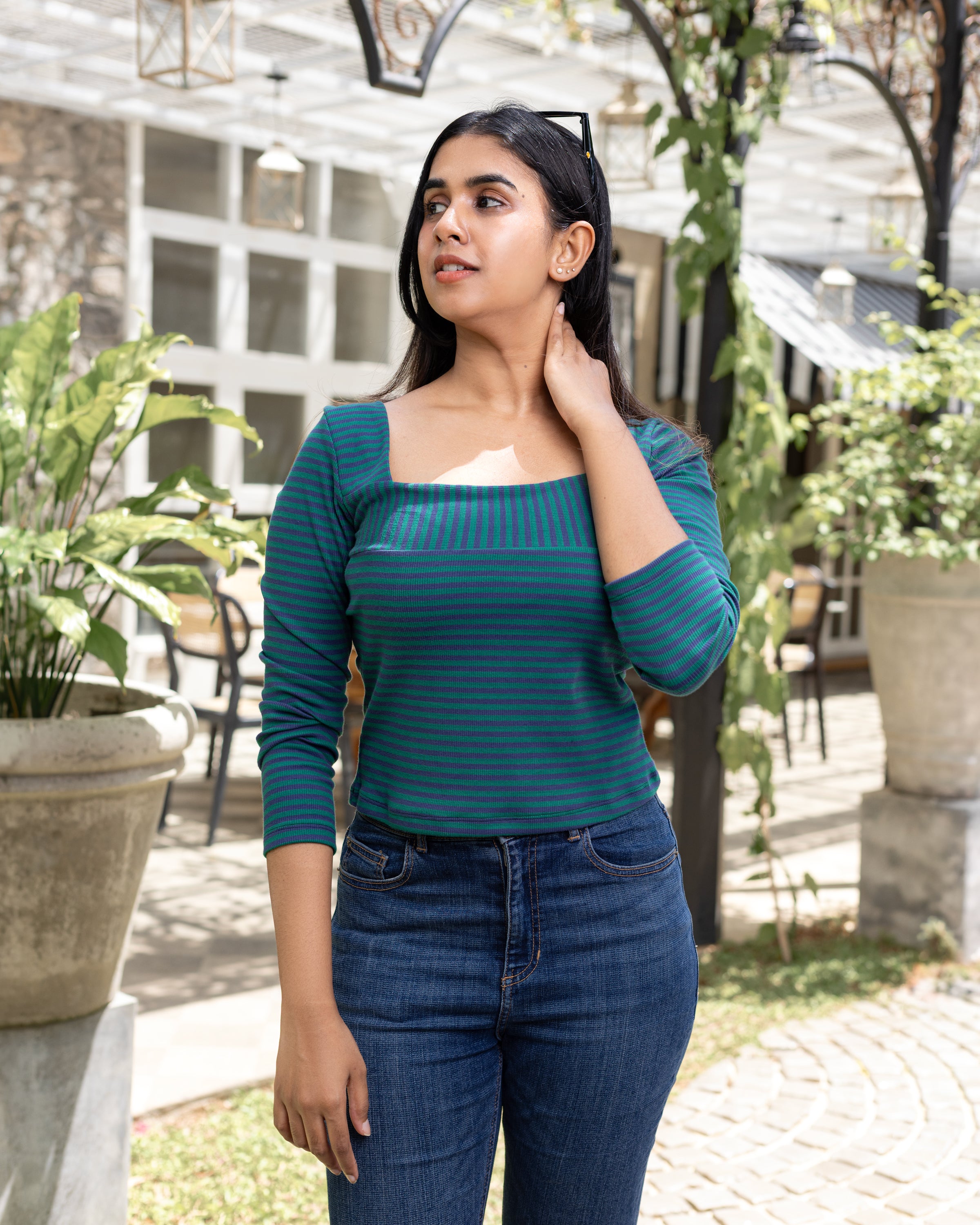 Viana Sleeved Ribbed Top - Green and Blue Stripes