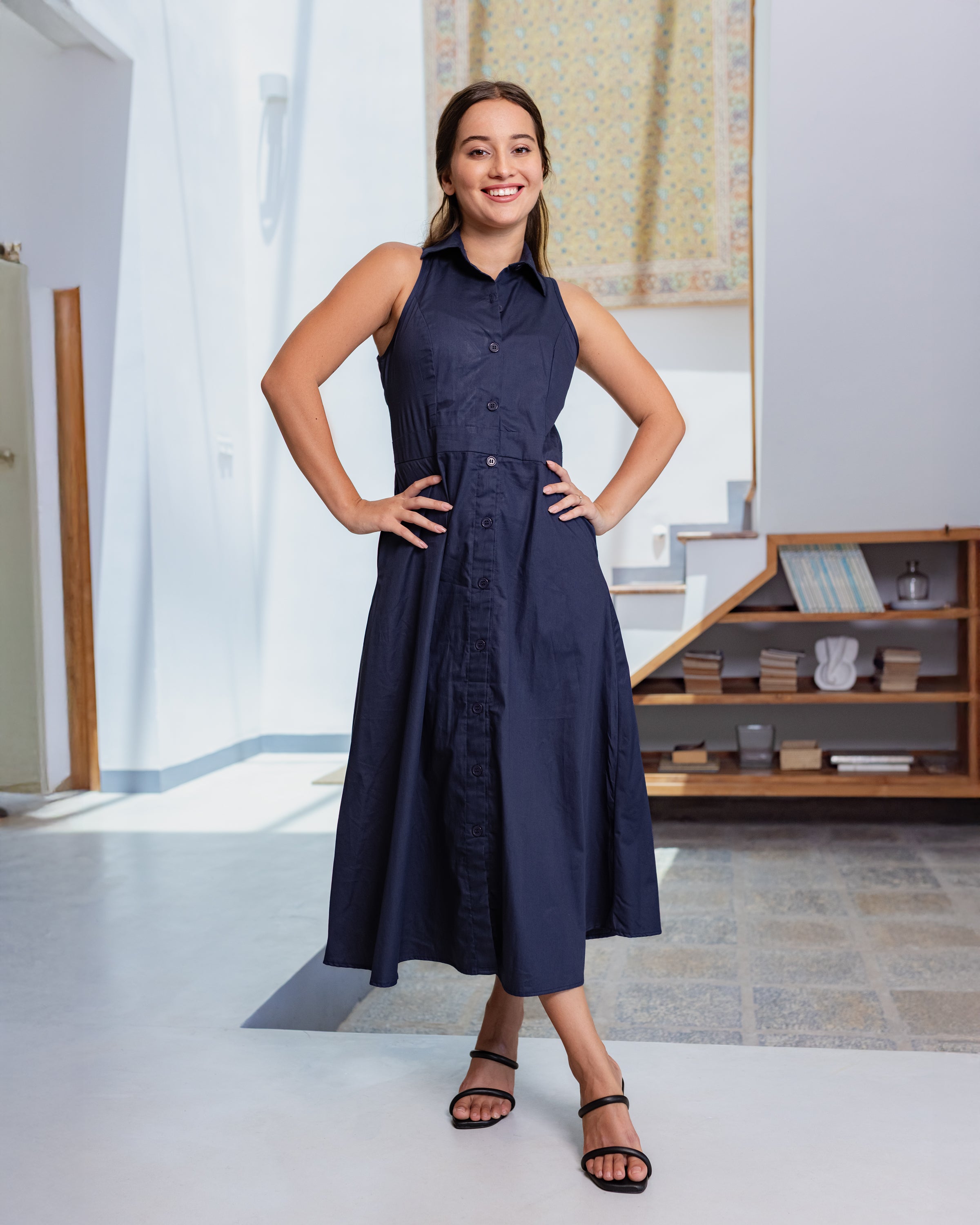 Penny Buttondown Midi Dress - Navy Blue