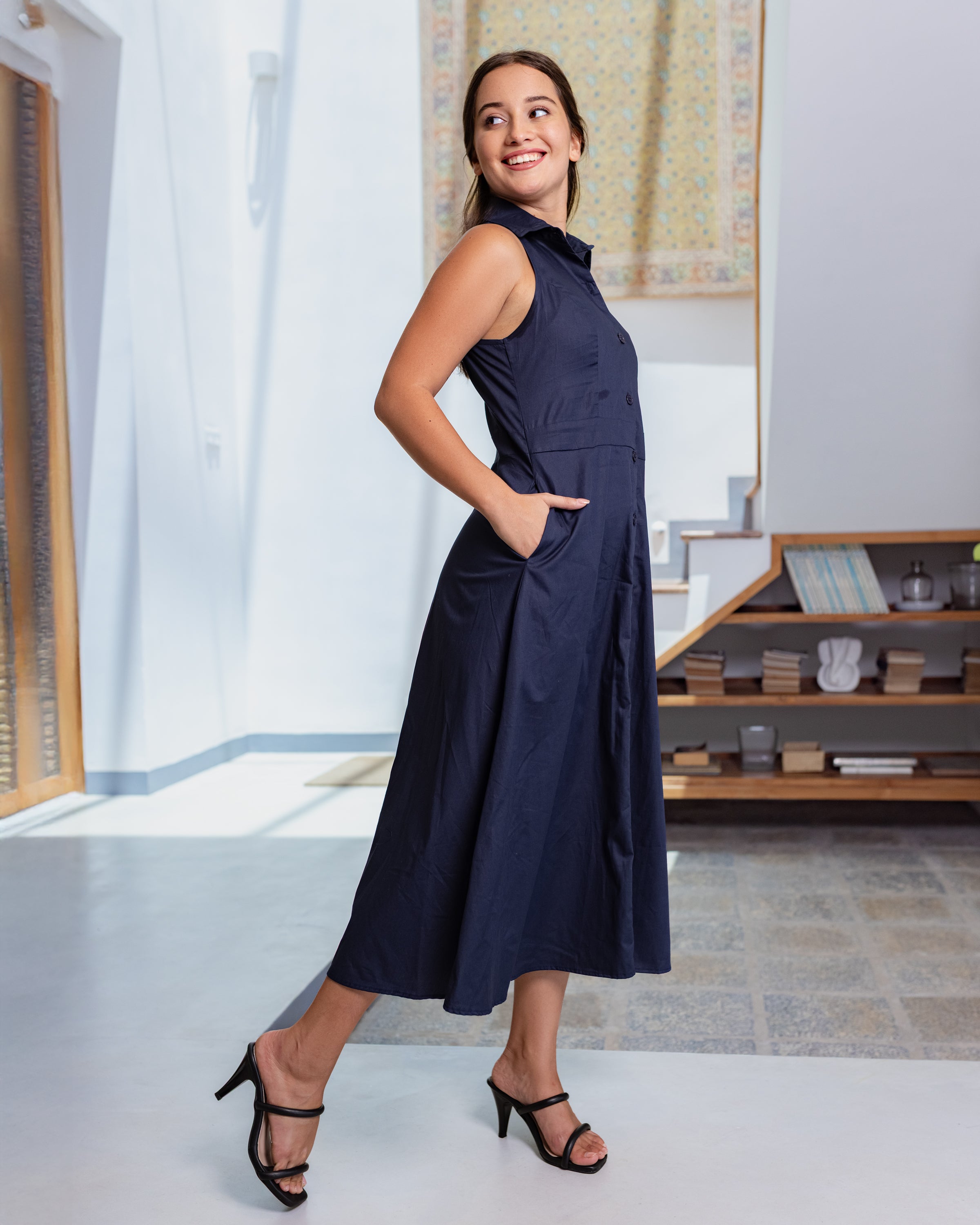 Penny Buttondown Midi Dress - Navy Blue