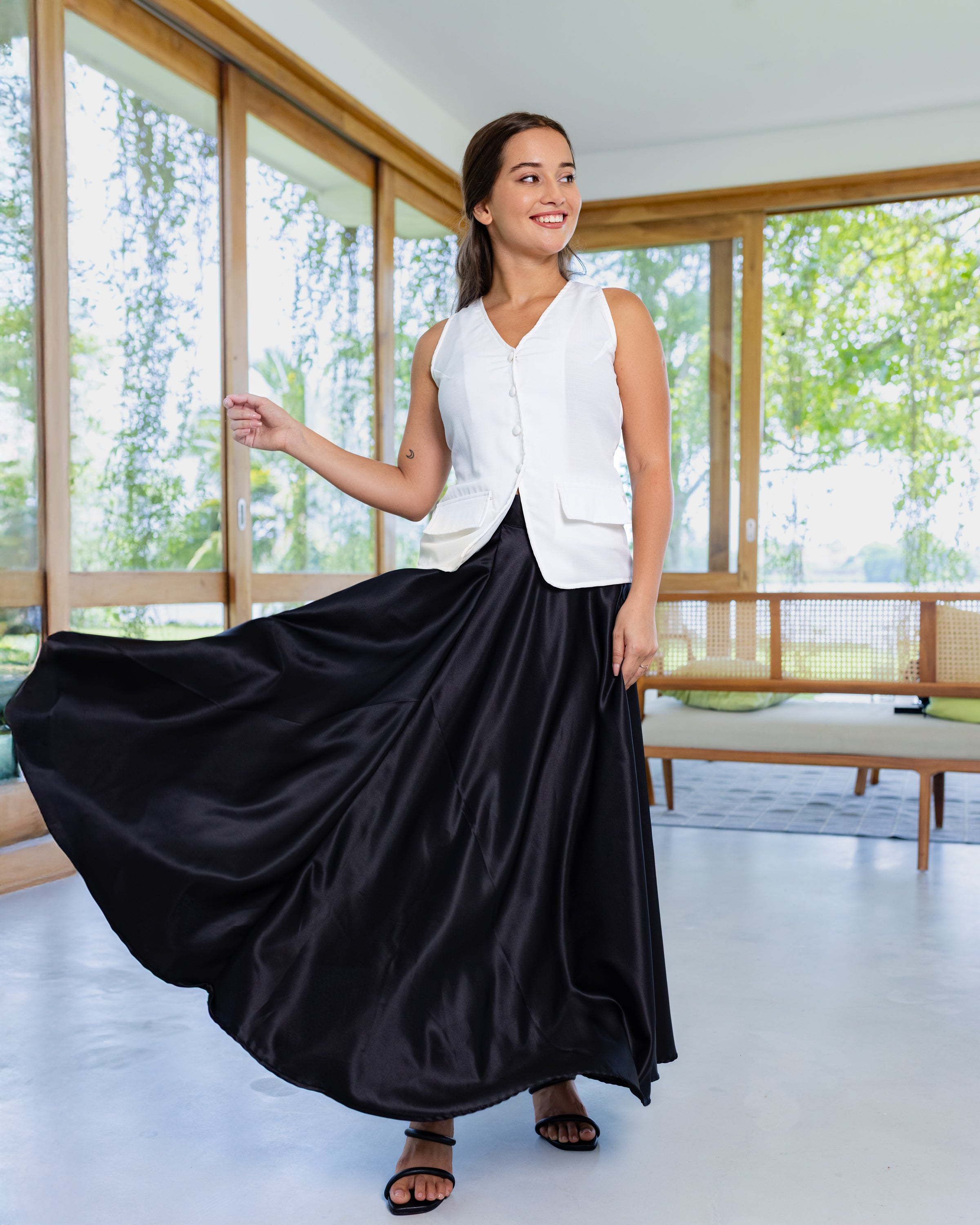 Elenor Satin Flared Skirt - Black