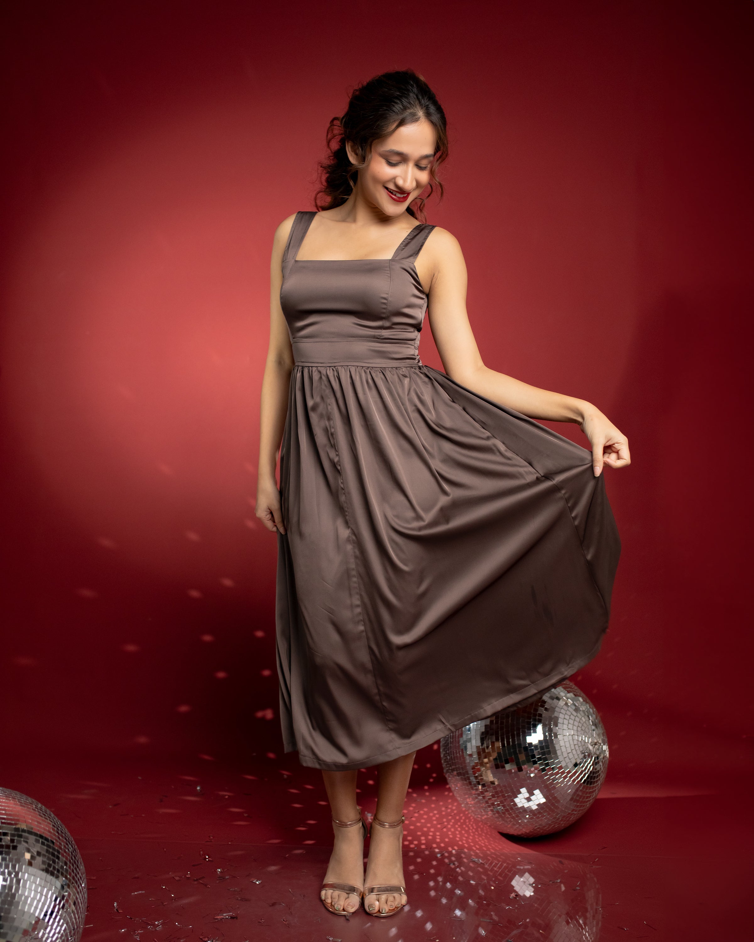 Daria Flared Midi Dress-Metallic Bronze