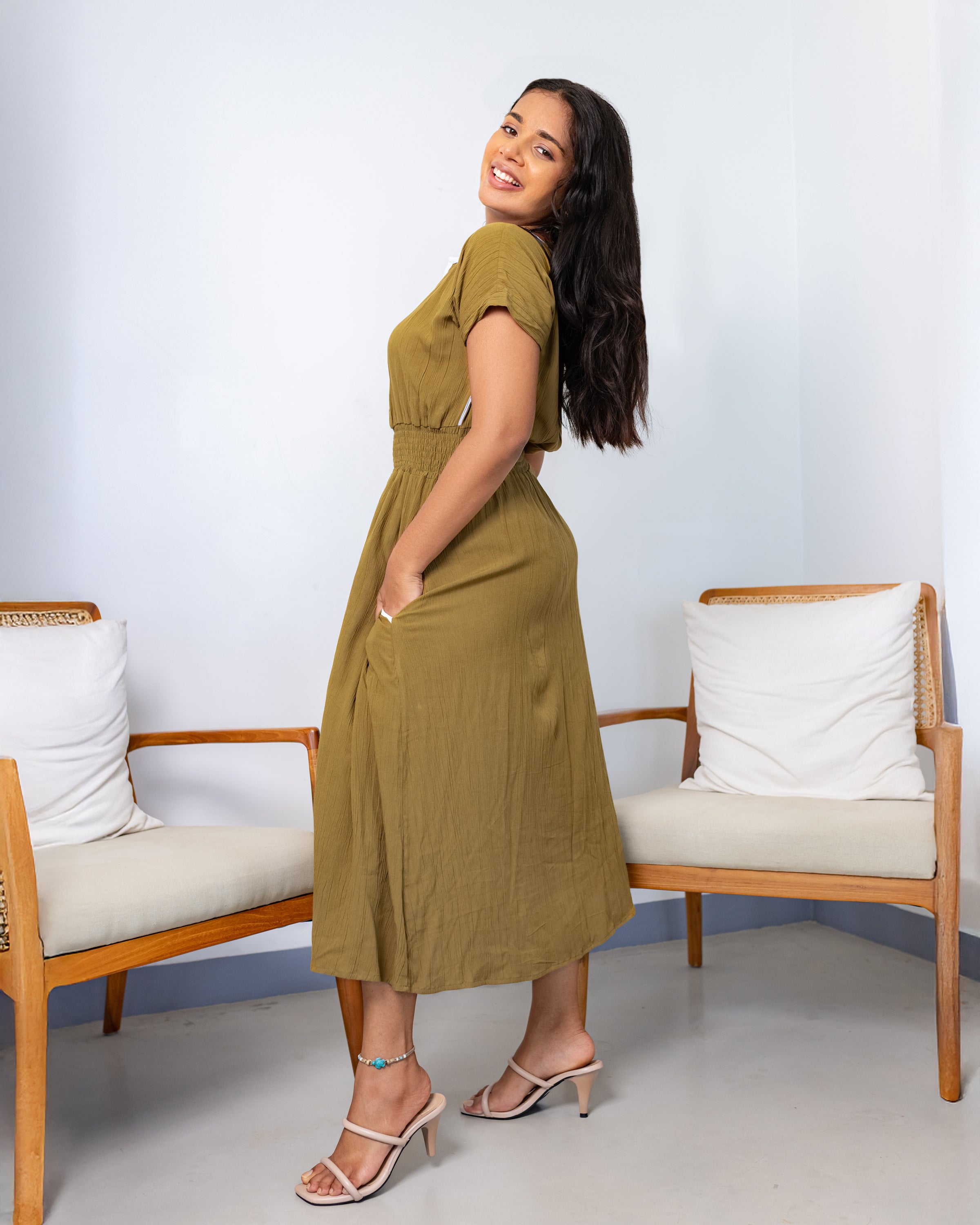 Maria Two toned Midi Dress - Olive