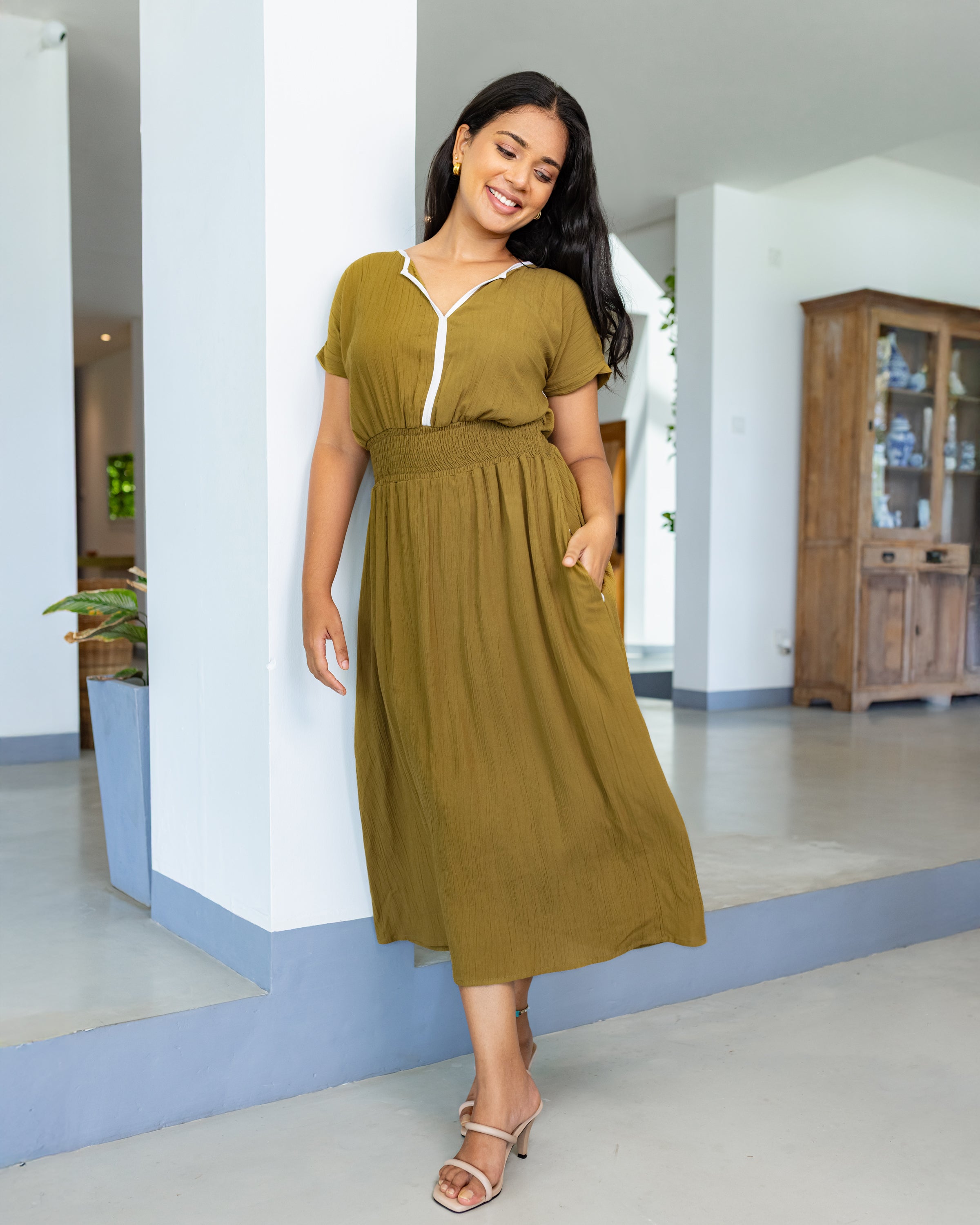 Maria Two toned Midi Dress - Olive