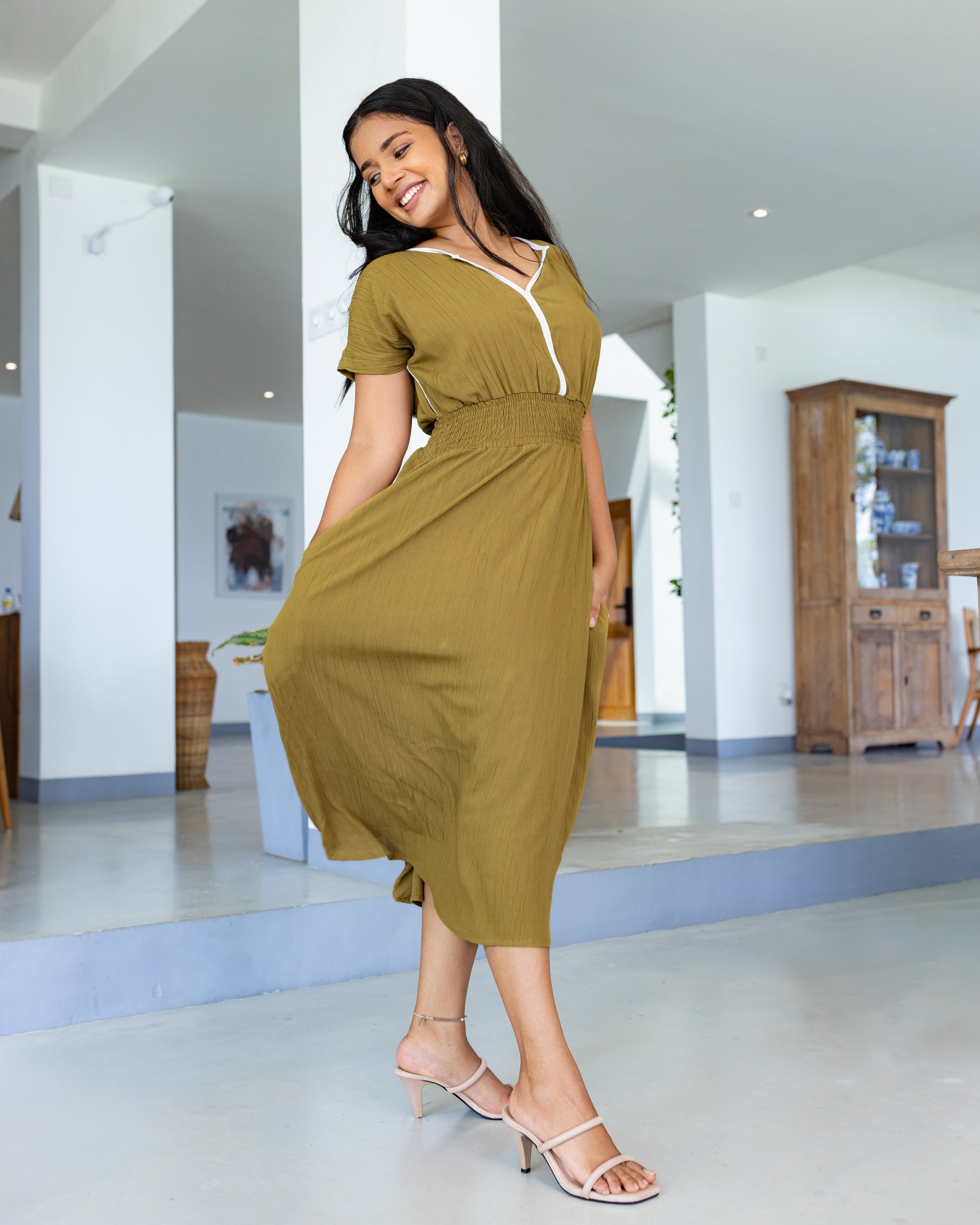 Maria Two toned Midi Dress - Olive