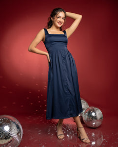 Daria Flared Midi Dress-Navy Blue
