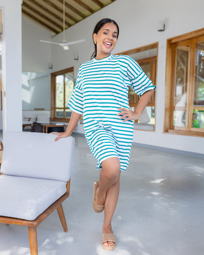 Jessy Striped T dress Green & White stripe