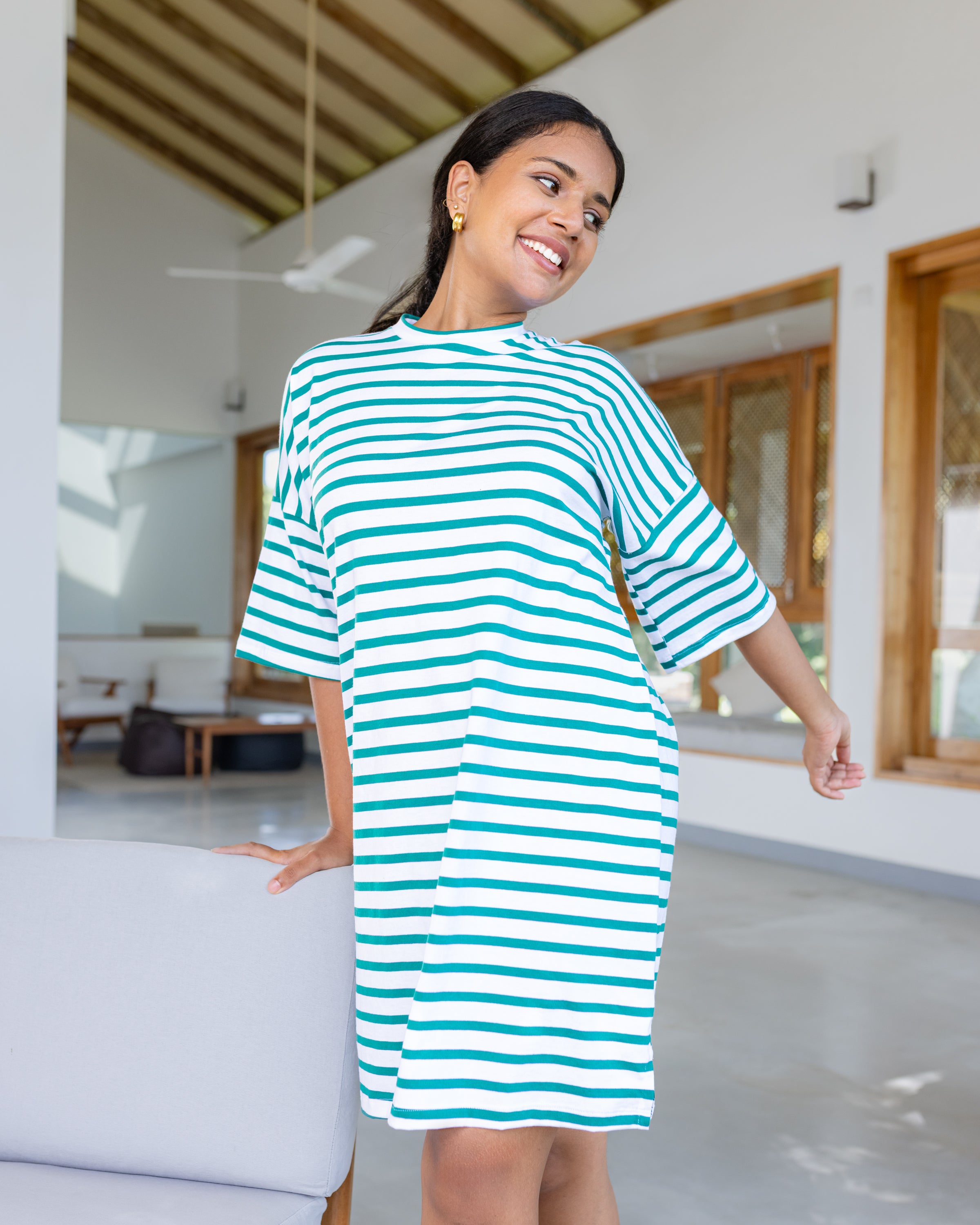 Jessy Striped T dress Green & White stripe