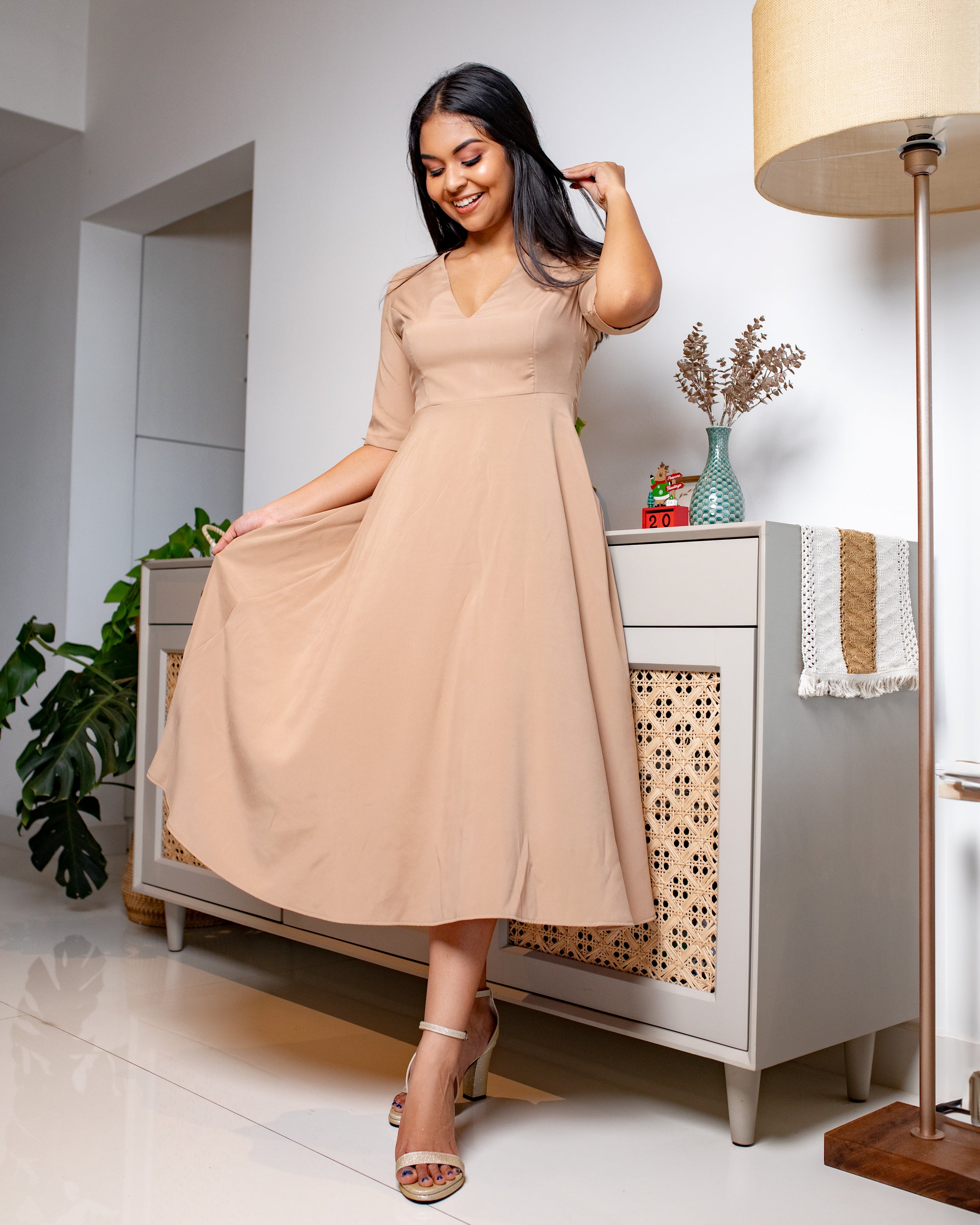 Mistletoe Flared Midi Dress -Beige – JoeY Clothing