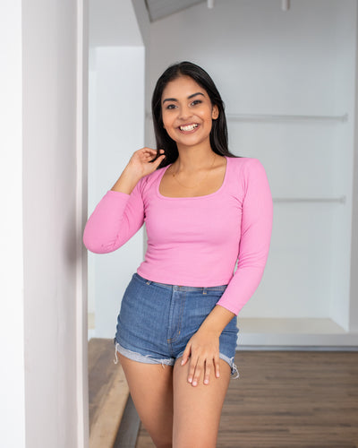 Kimberly Sleeved Ribbed Top-Pink