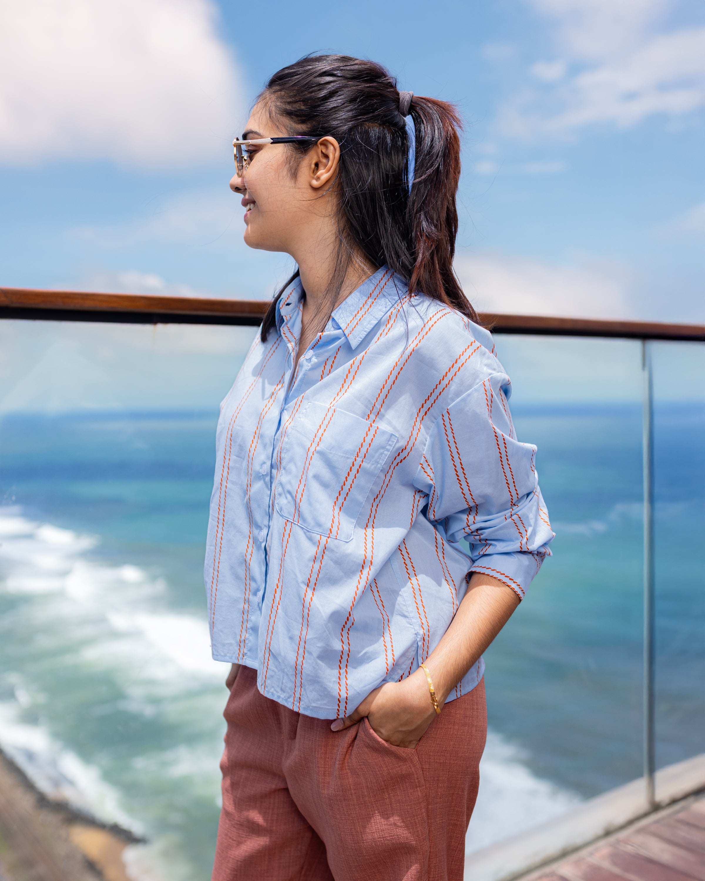 Mei Oversized Cropped Shirt - Blue Stripe