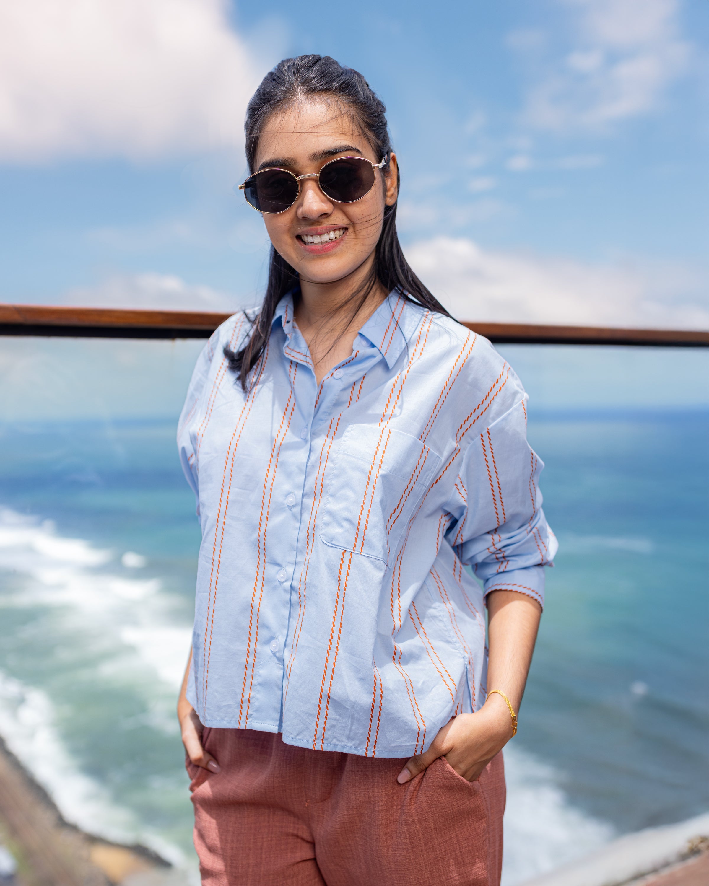 Mei Oversized Cropped Shirt - Blue Stripe