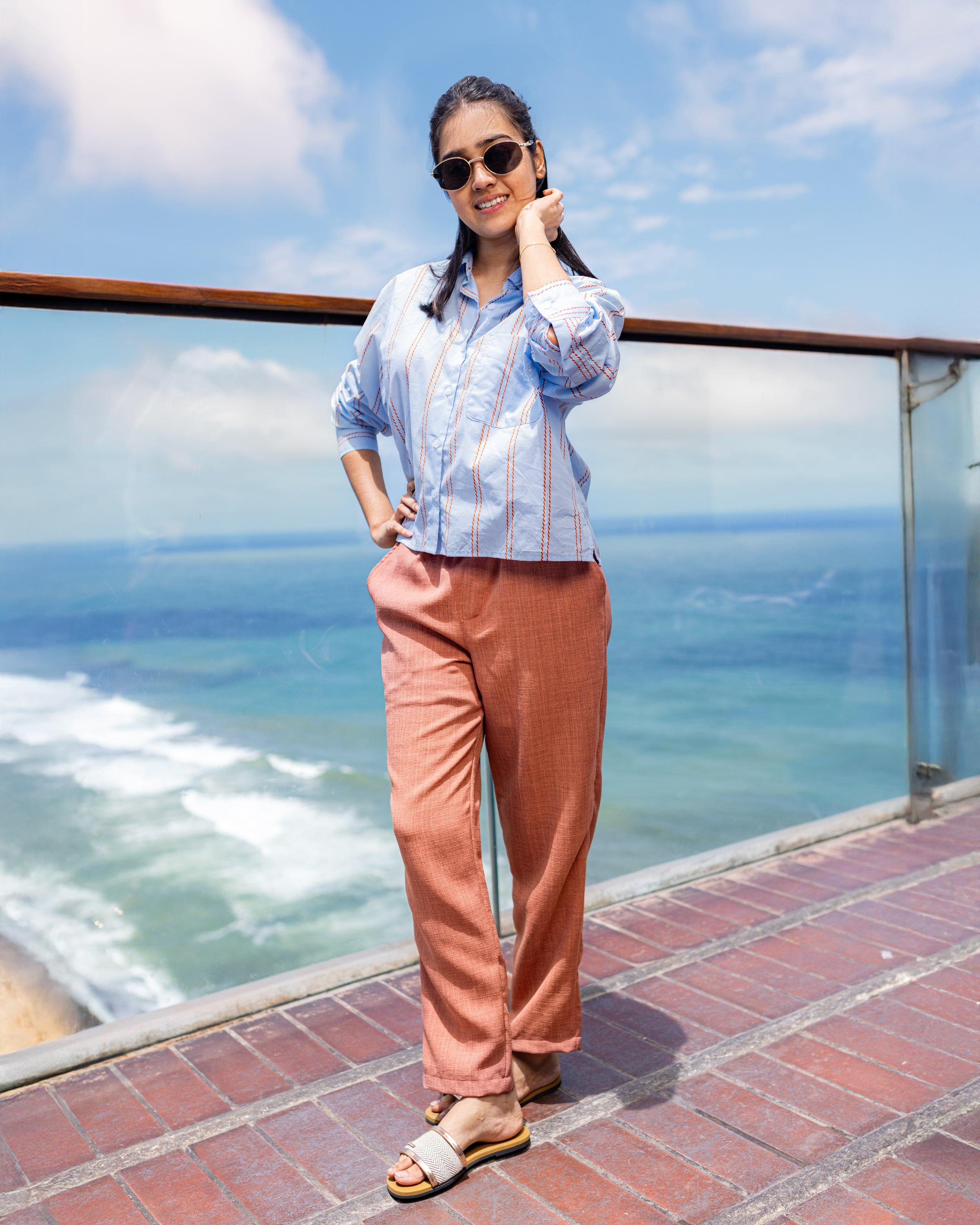 Mei Oversized Cropped Shirt - Blue Stripe