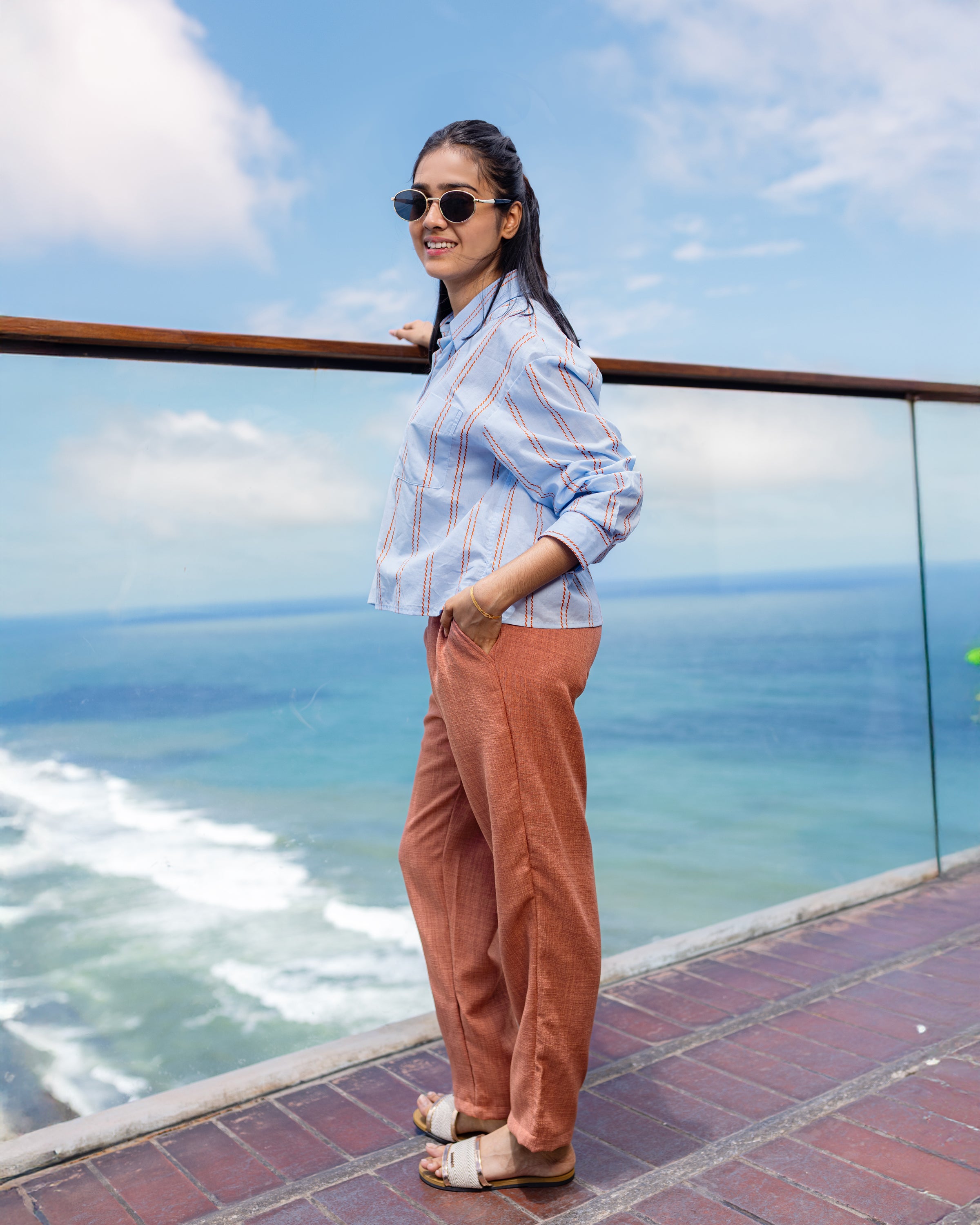 Mei Oversized Cropped Shirt - Blue Stripe