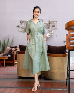Dahlia Cotton Pleated Midi Dress - Sage Green