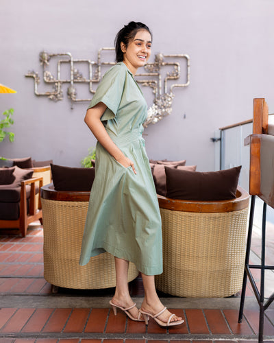Dahlia Cotton Pleated Midi Dress - Sage Green
