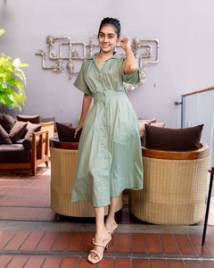 Dahlia Cotton Pleated Midi Dress - Sage Green