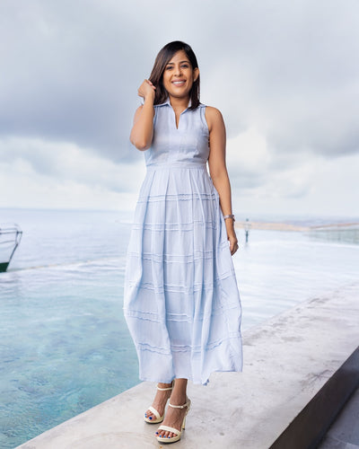 Georgia Pintuk Detail Midi Dress - Light Blue