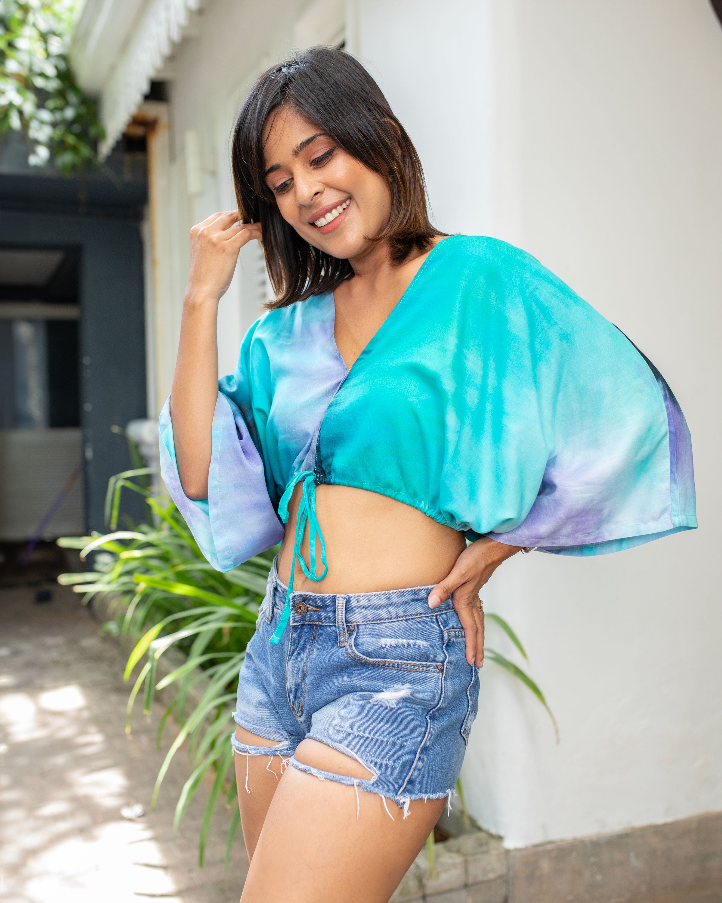 Yara Kaftan Cropped Top -Aqua