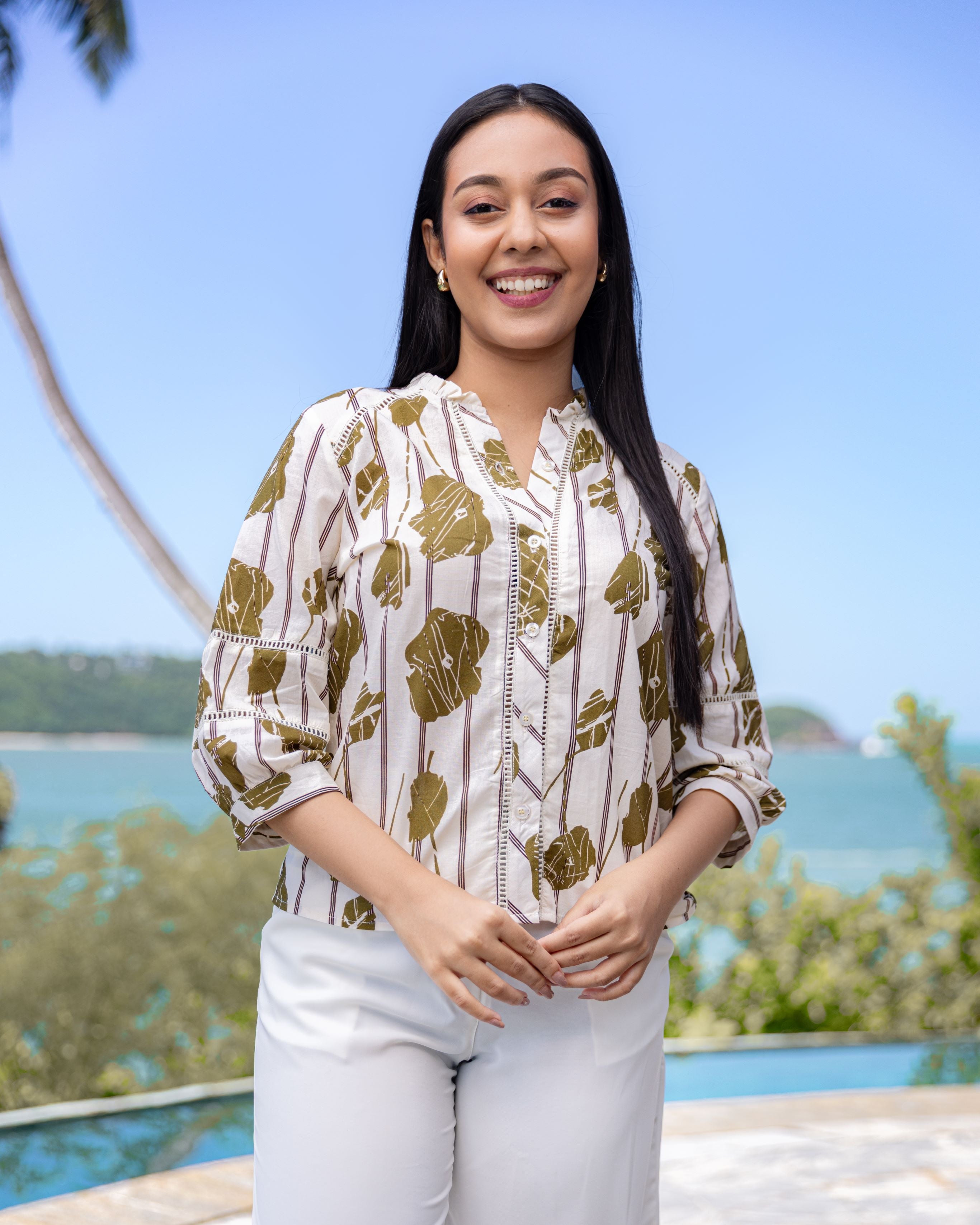 Tatum Lace Detail  Cotton Top - Green Print